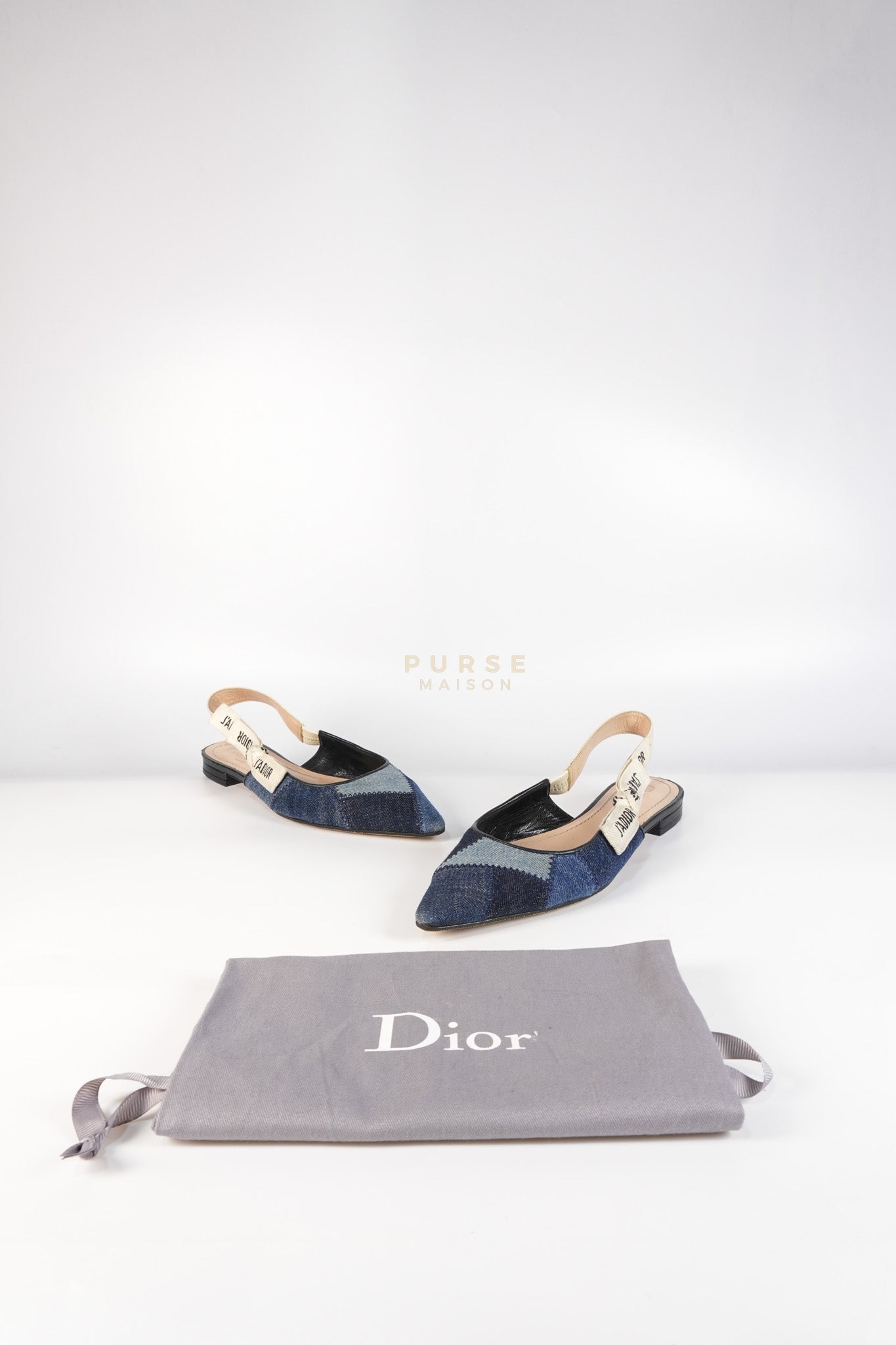 Denim Ribbon Patchwork J'Adior Slingback Ballet Flats Size 37EU (23.5 cm) | Purse Maison Luxury Bags Shop