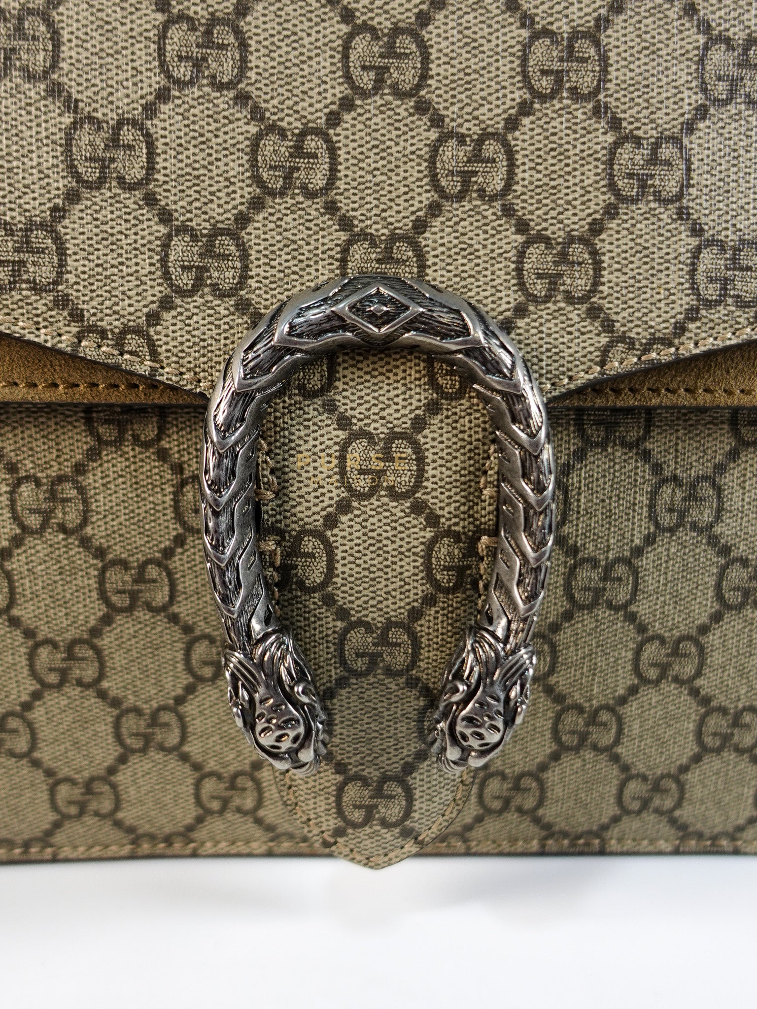 Dionysus Medium Shoulder Bag in Taupe GG Supreme Monogram & Silver Hardware | Purse Maison Luxury Bags Shop