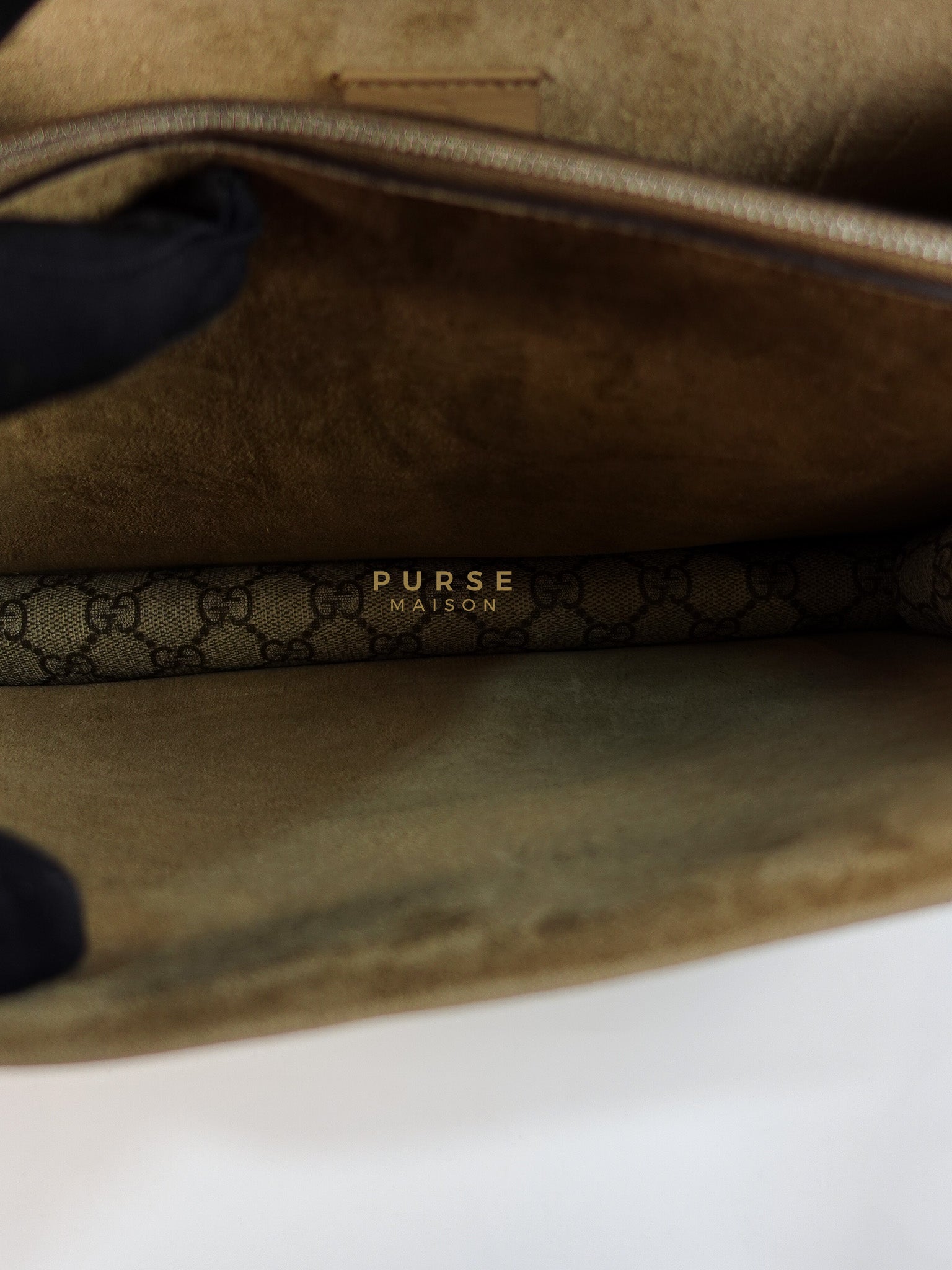 Dionysus Medium Shoulder Bag in Taupe GG Supreme Monogram & Silver Hardware | Purse Maison Luxury Bags Shop