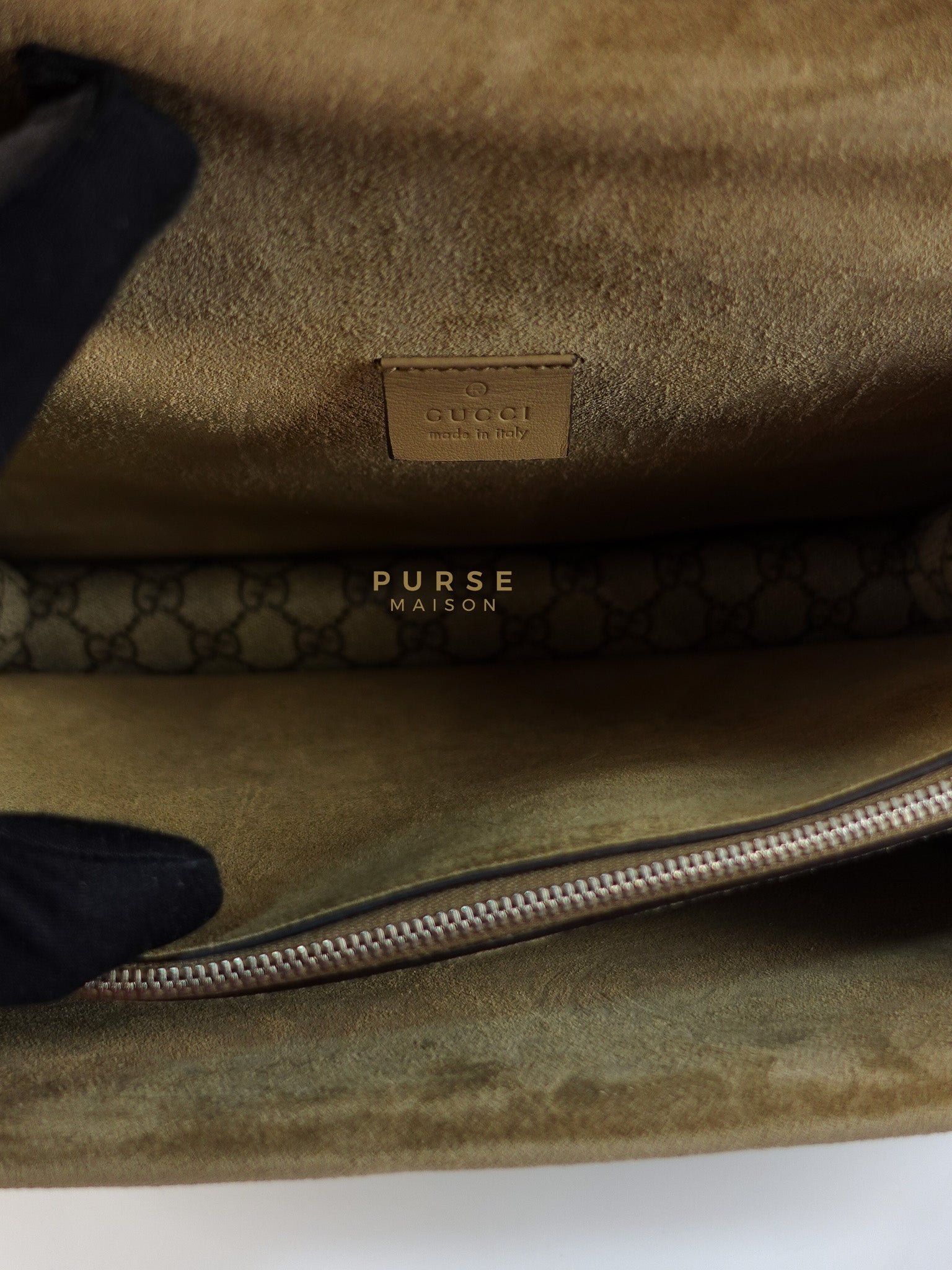 Dionysus Medium Shoulder Bag in Taupe GG Supreme Monogram & Silver Hardware | Purse Maison Luxury Bags Shop