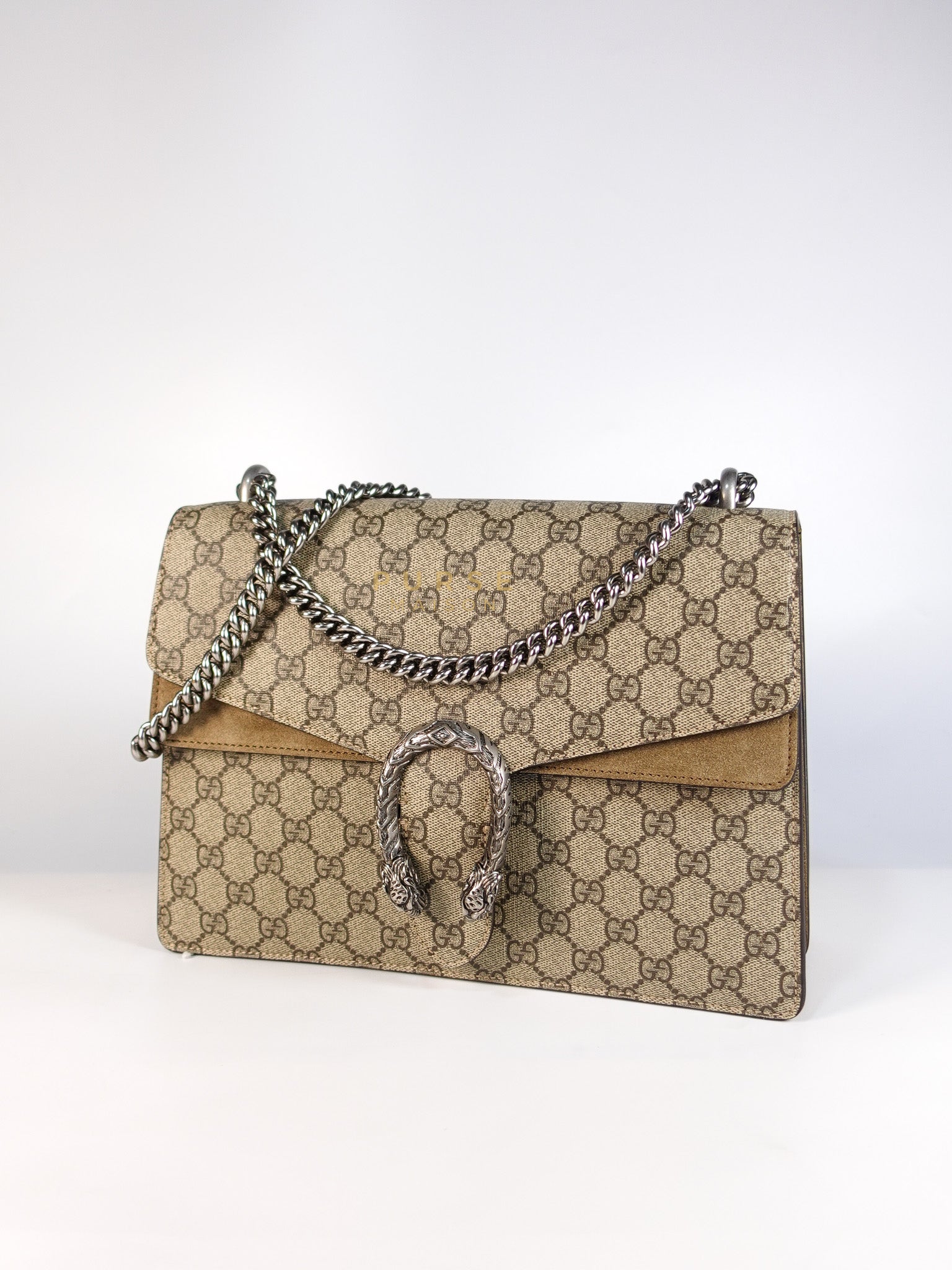 Dionysus Medium Shoulder Bag in Taupe GG Supreme Monogram & Silver Hardware | Purse Maison Luxury Bags Shop