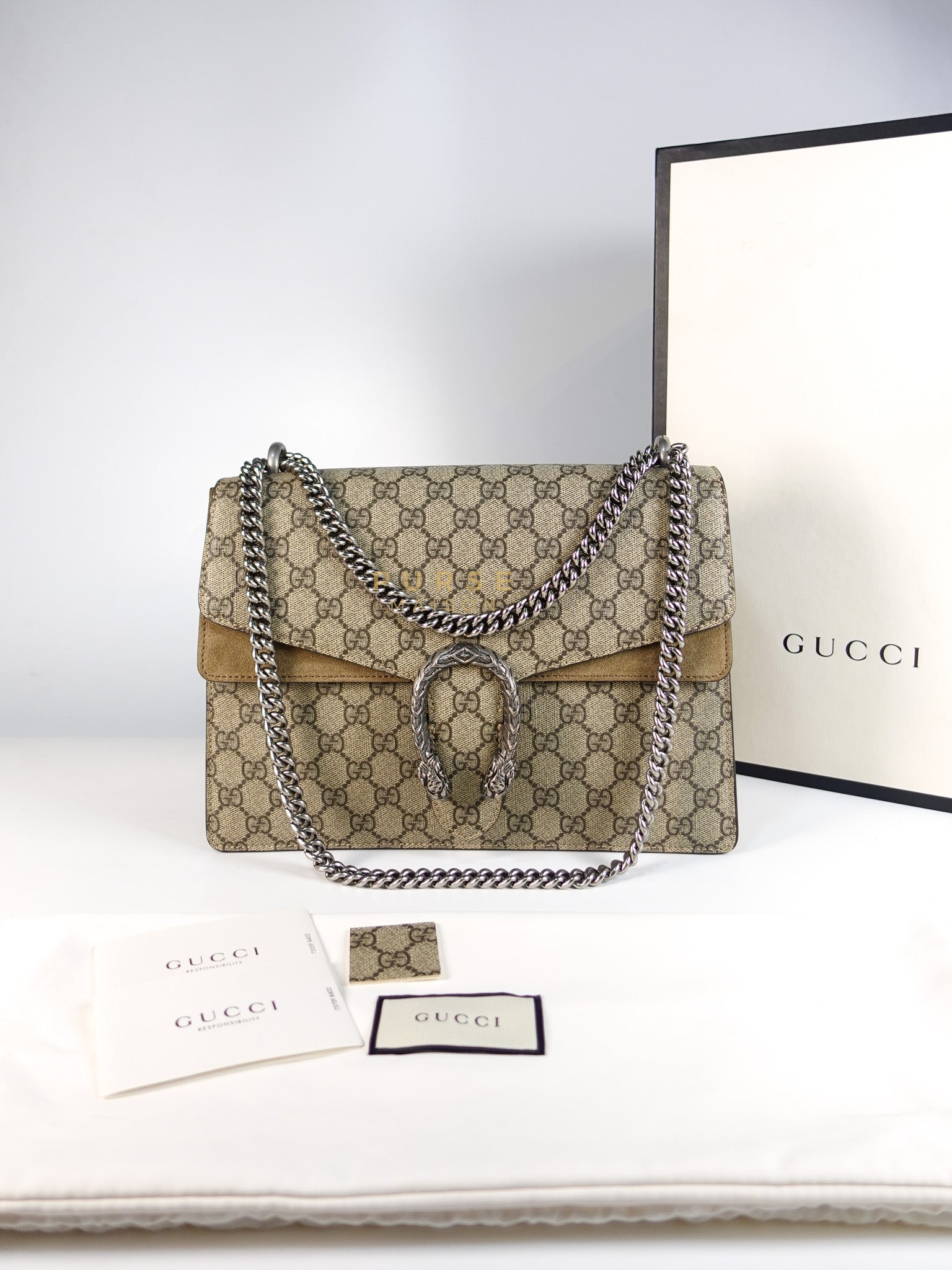 Dionysus Medium Shoulder Bag in Taupe GG Supreme Monogram & Silver Hardware | Purse Maison Luxury Bags Shop
