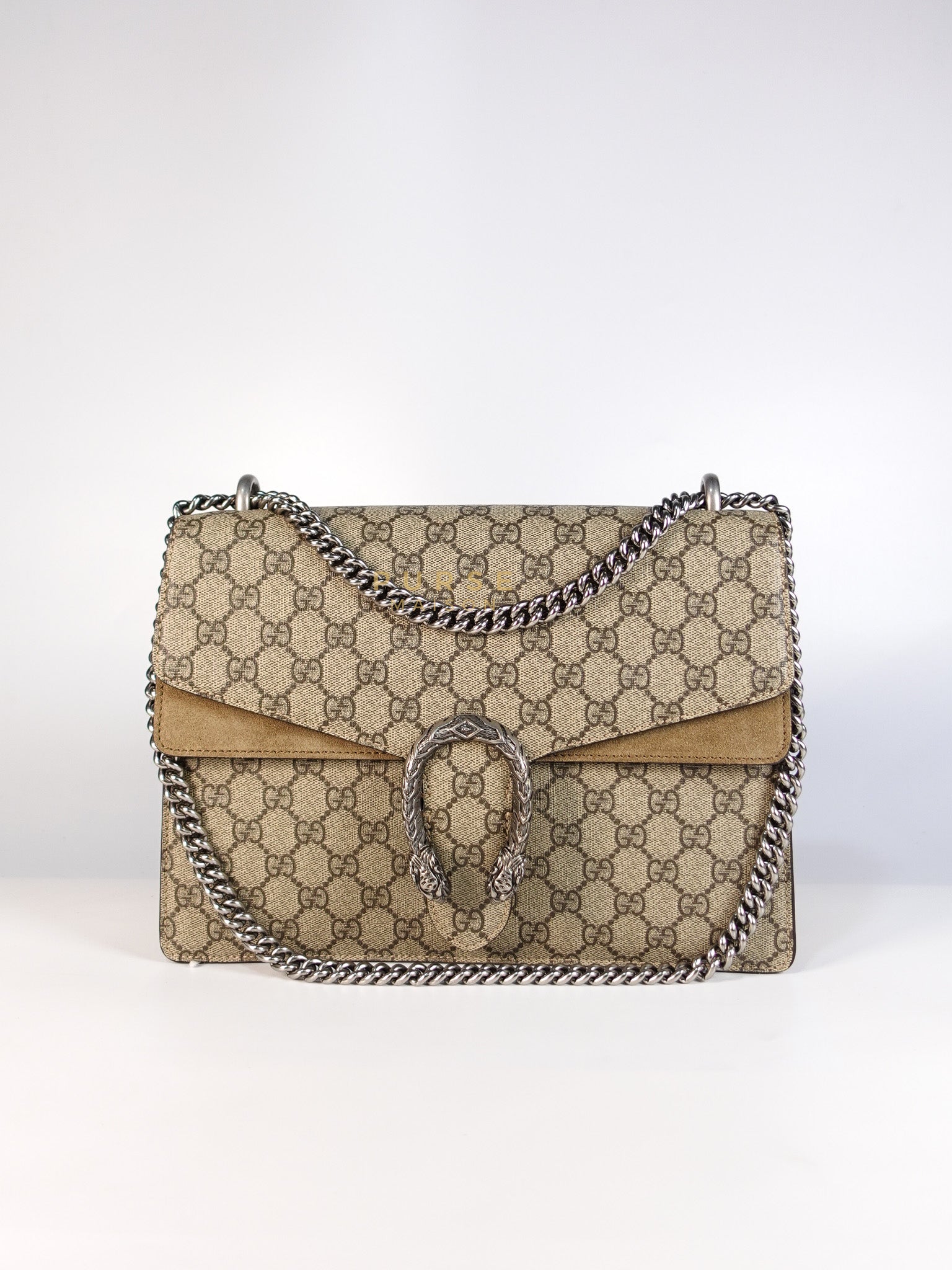 Dionysus Medium Shoulder Bag in Taupe GG Supreme Monogram & Silver Hardware | Purse Maison Luxury Bags Shop