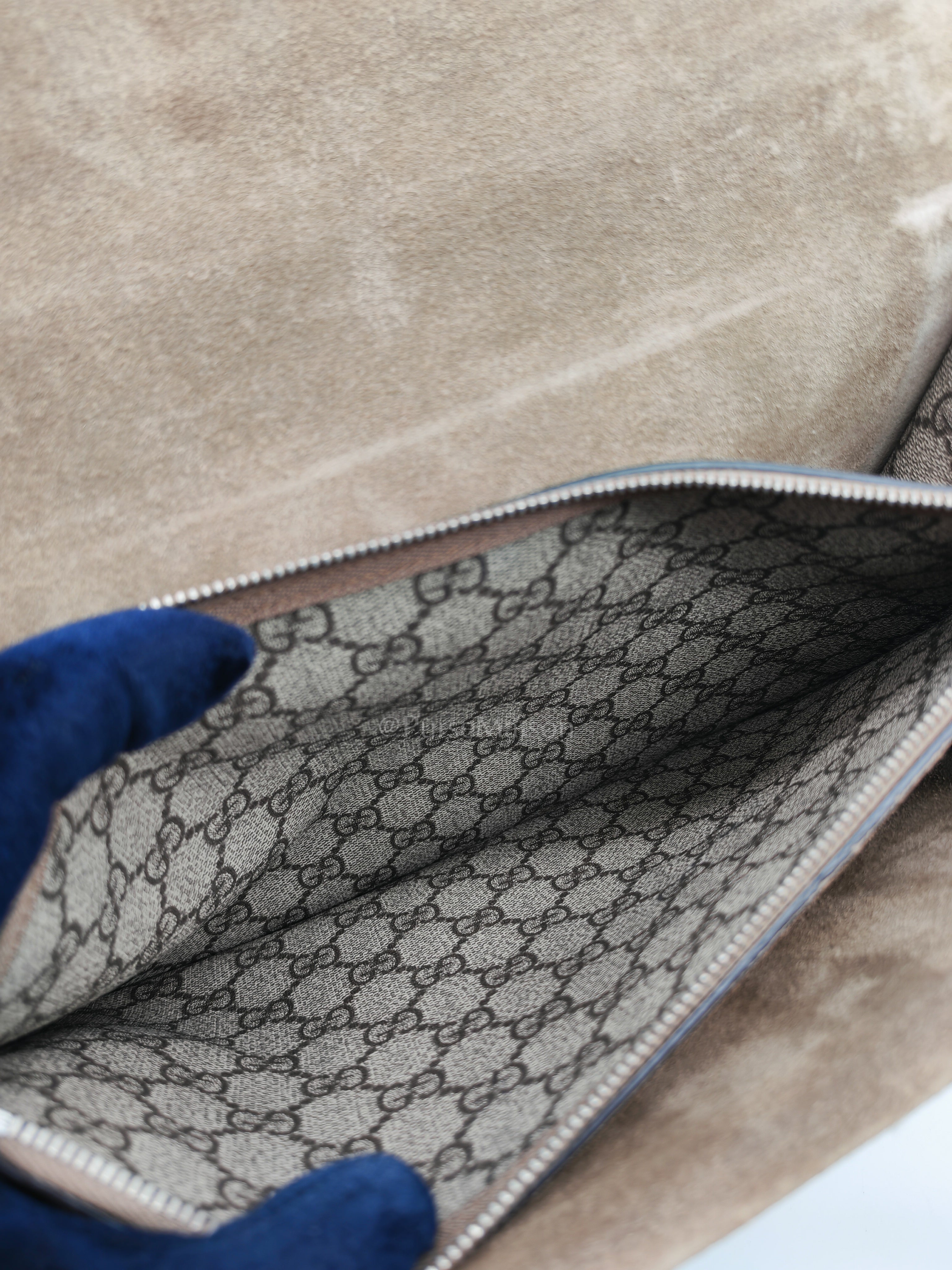 Dionysus Shoulder Bag Medium in GG Supreme Canvas Taupe Suede Leather | Purse Maison Luxury Bags Shop