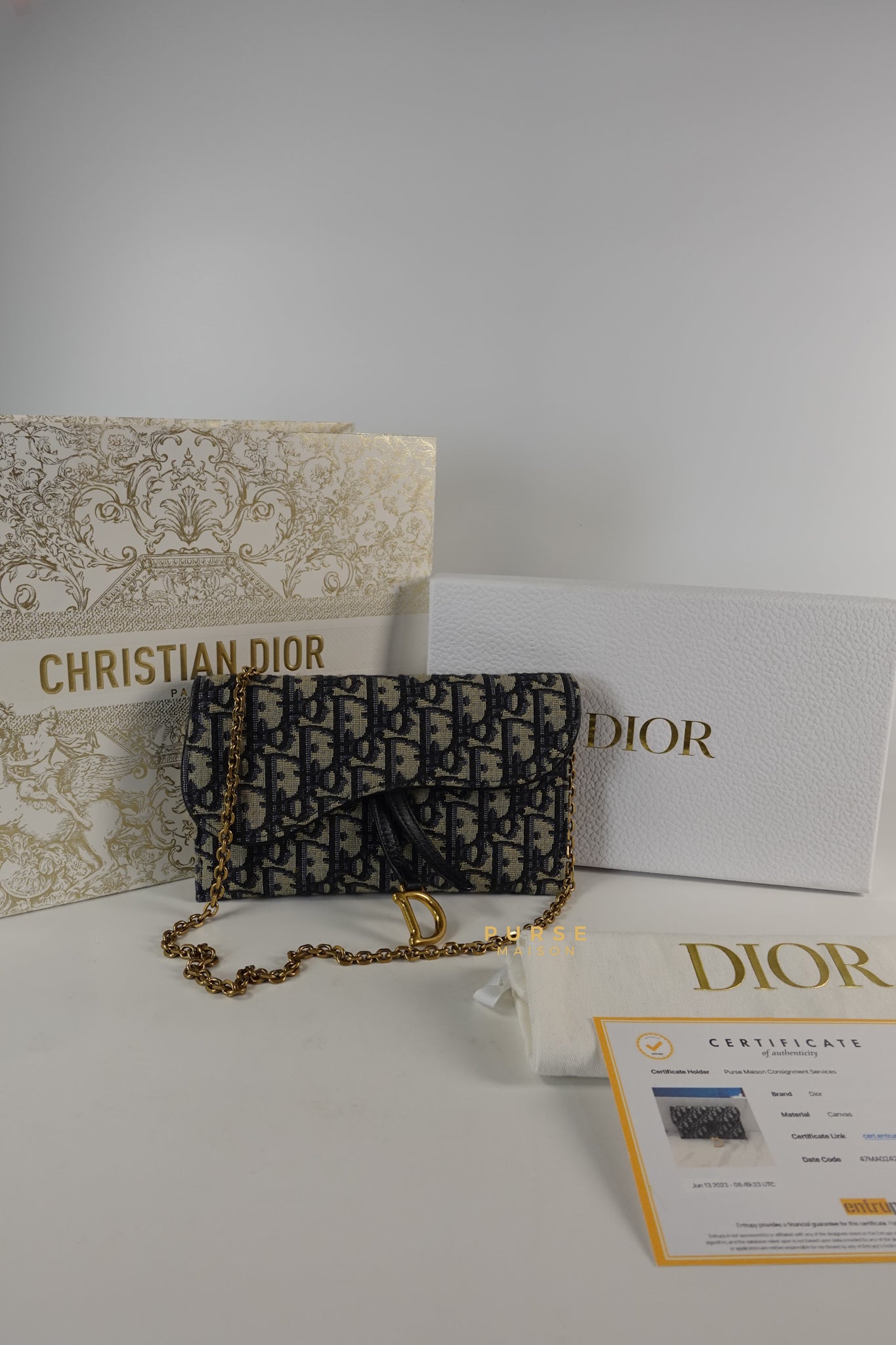 Dior Blue Oblique Jacquard Saddle Wallet on Chain | Purse Maison Luxury Bags Shop