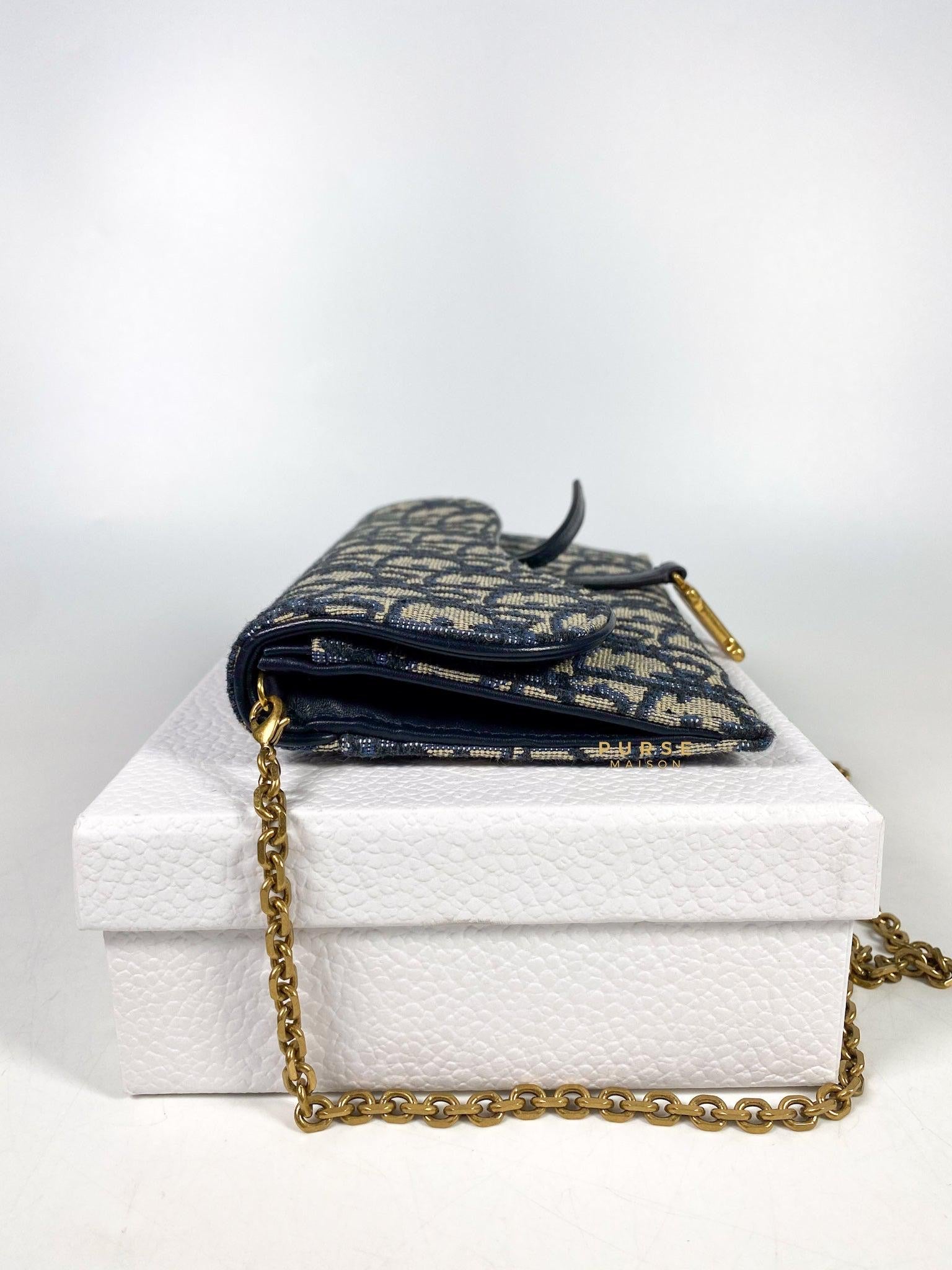 Dior Blue Oblique Jacquard Saddle Wallet on Chain | Purse Maison Luxury Bags Shop