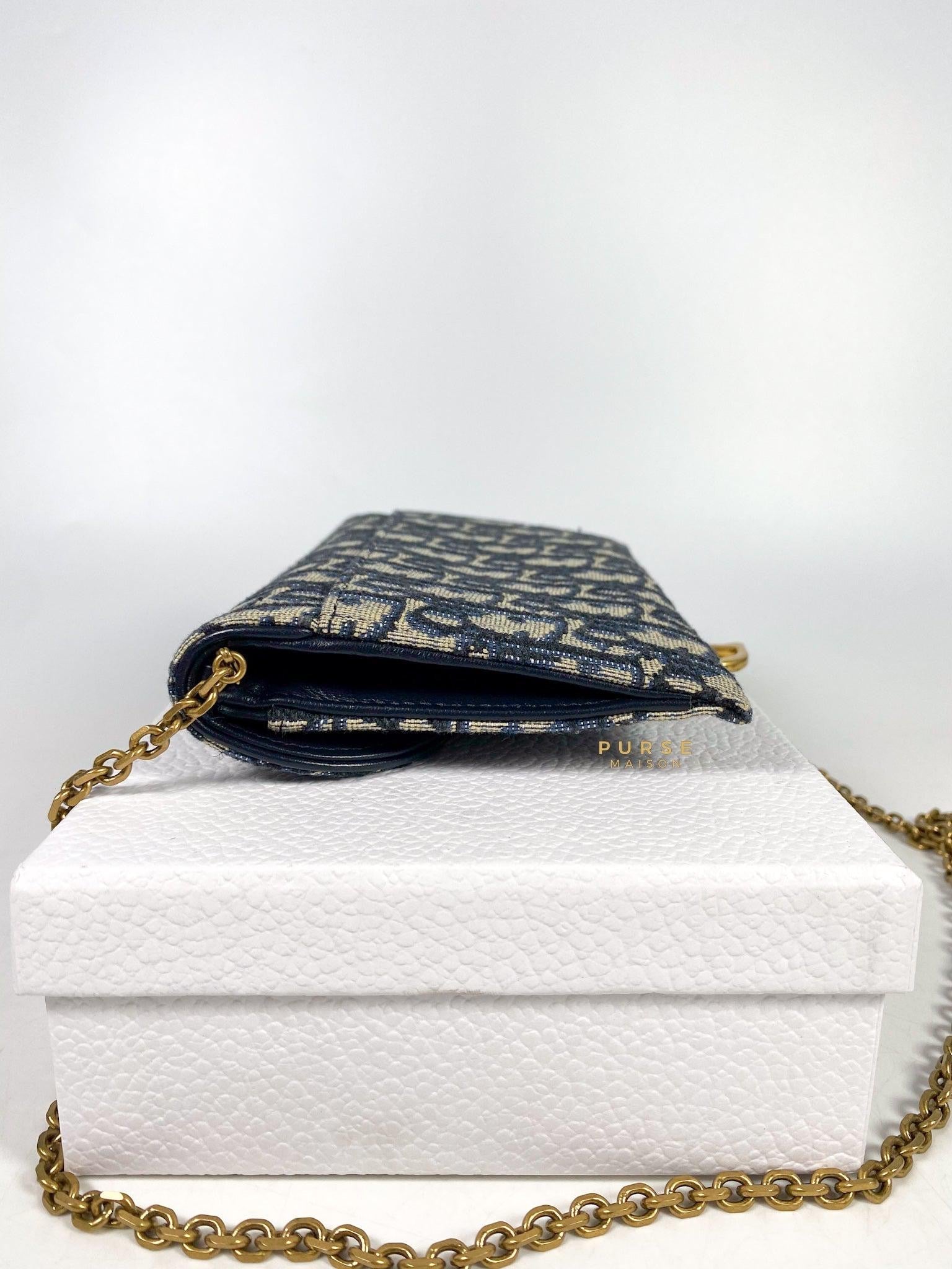 Dior Blue Oblique Jacquard Saddle Wallet on Chain | Purse Maison Luxury Bags Shop