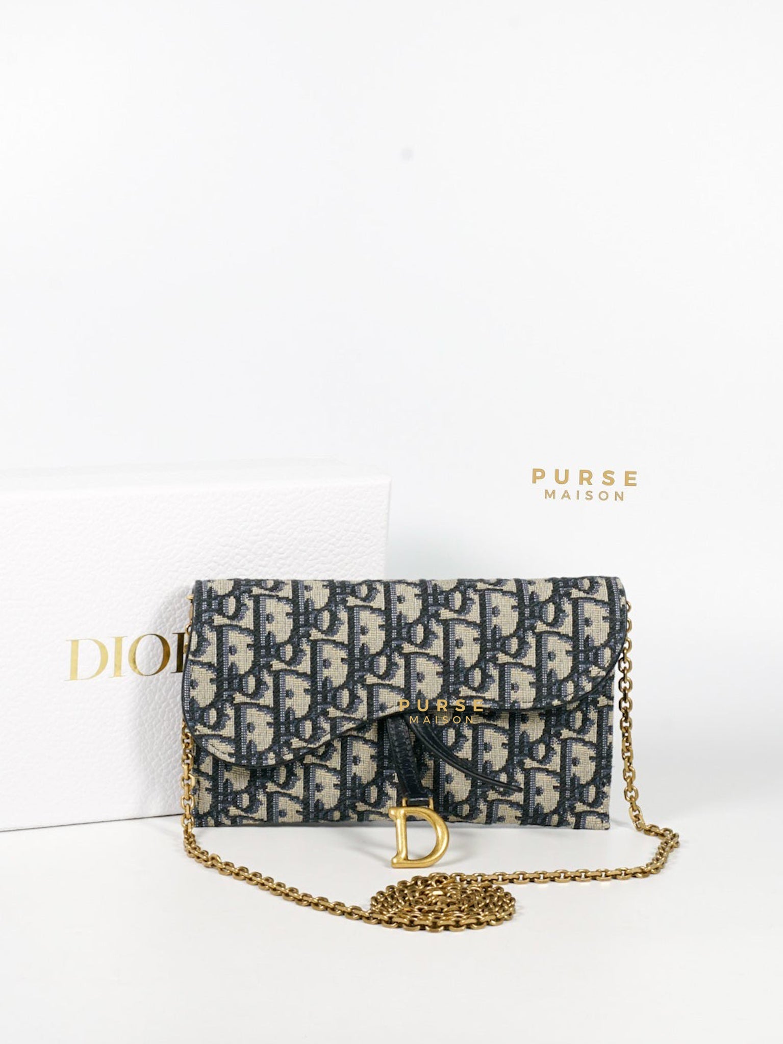 Dior Blue Oblique Jacquard Saddle Wallet on Chain | Purse Maison Luxury Bags Shop