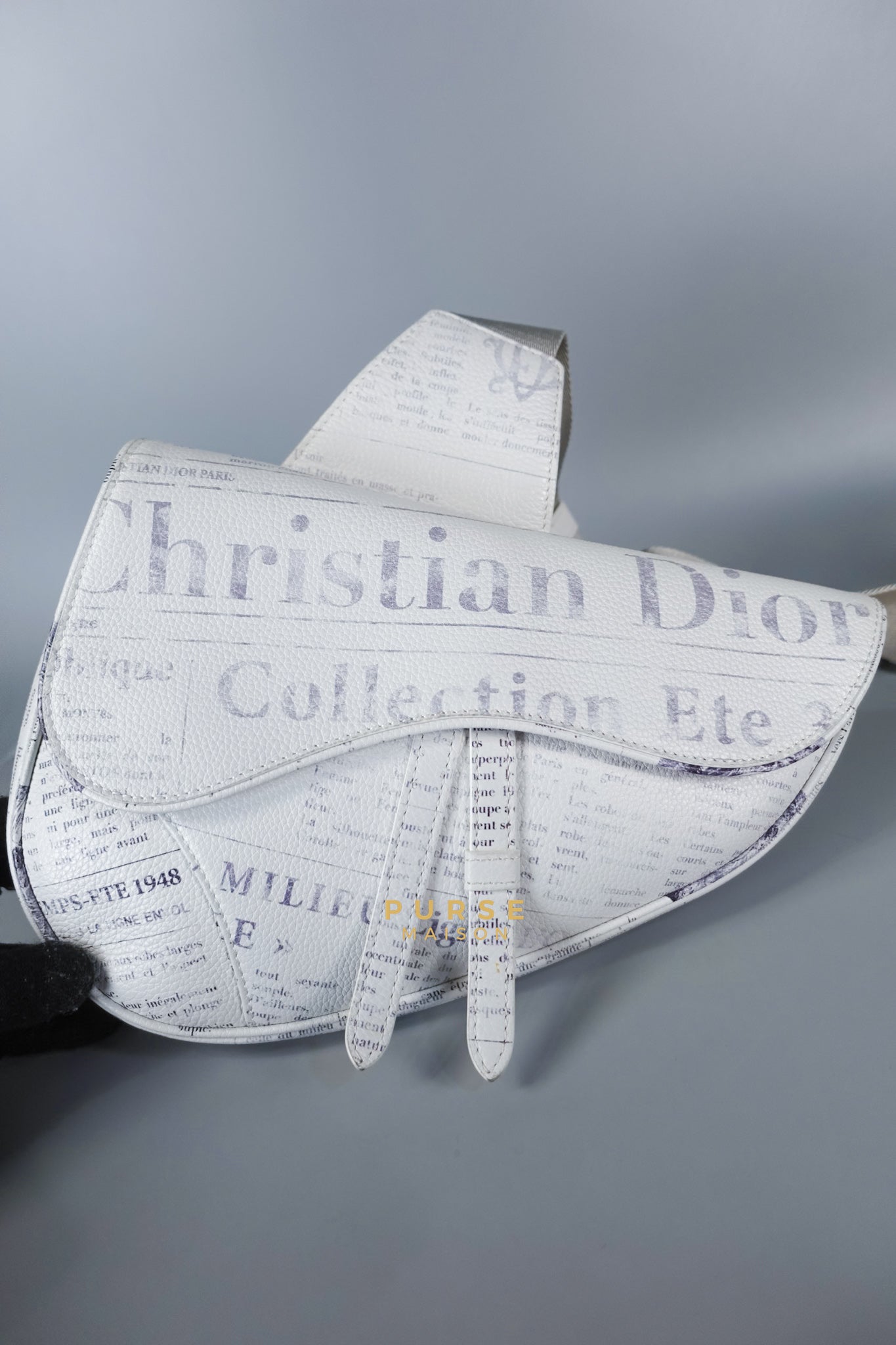 Dior X Daniel Arsham Grained Calfskin White Newspaper Print Saddle Bag | Purse Maison Luxury Bags Shop