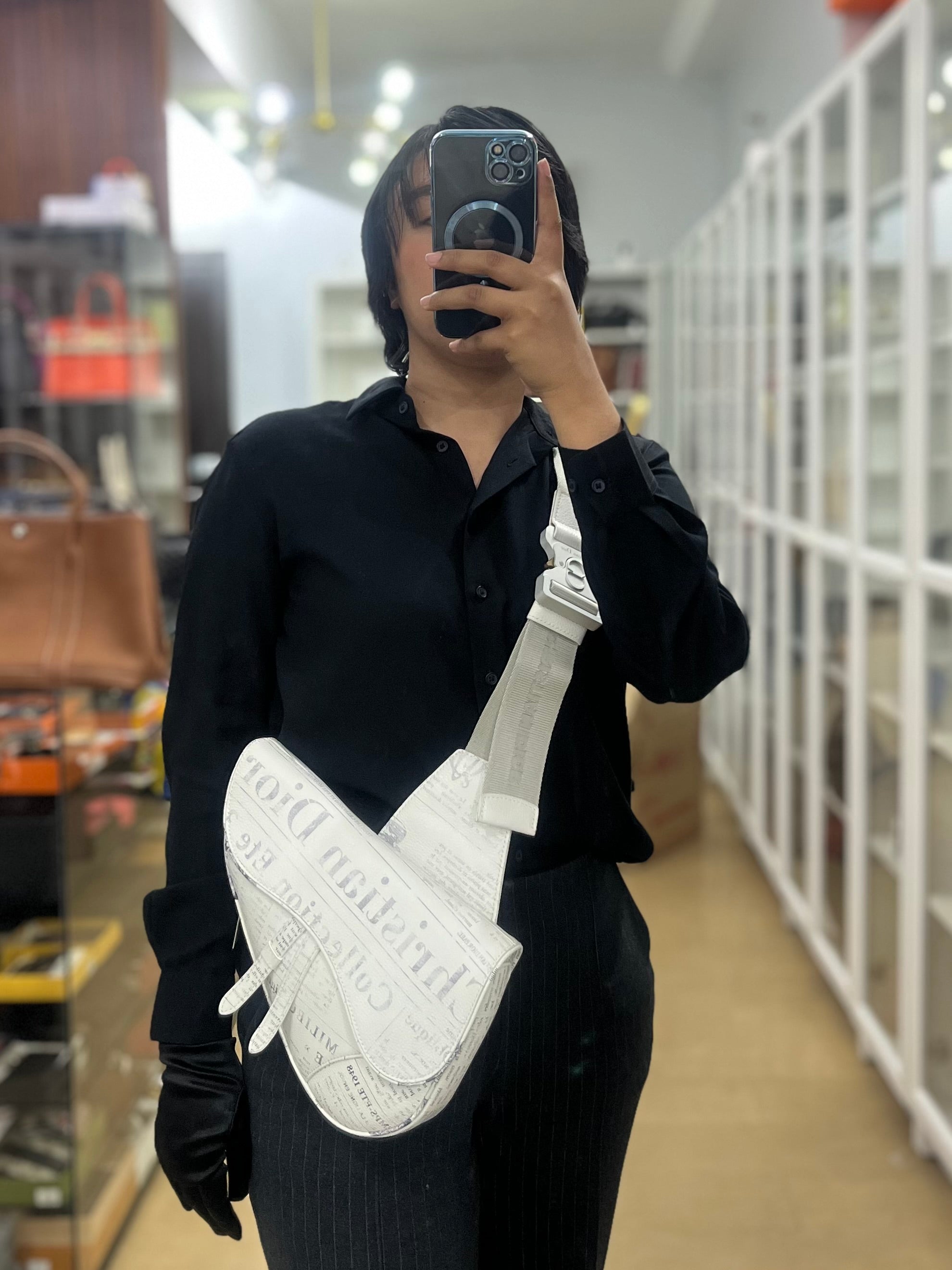 Dior X Daniel Arsham Grained Calfskin White Newspaper Print Saddle Bag | Purse Maison Luxury Bags Shop
