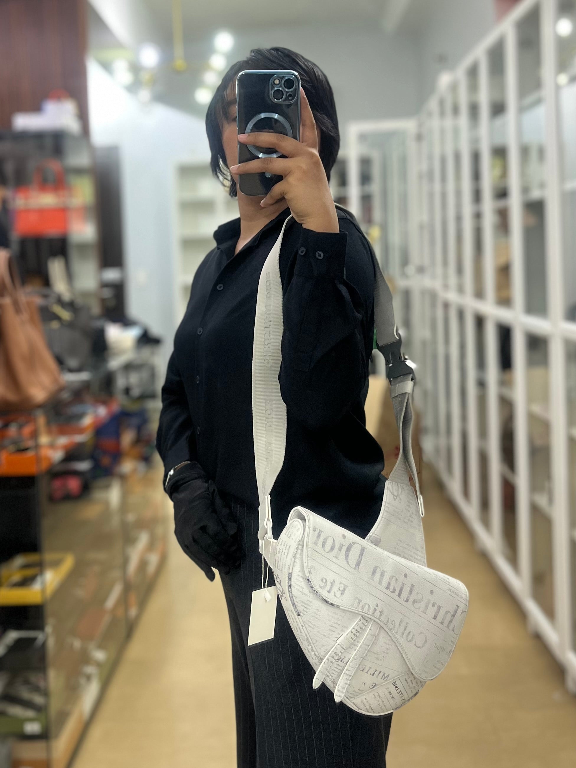 Dior X Daniel Arsham Grained Calfskin White Newspaper Print Saddle Bag | Purse Maison Luxury Bags Shop