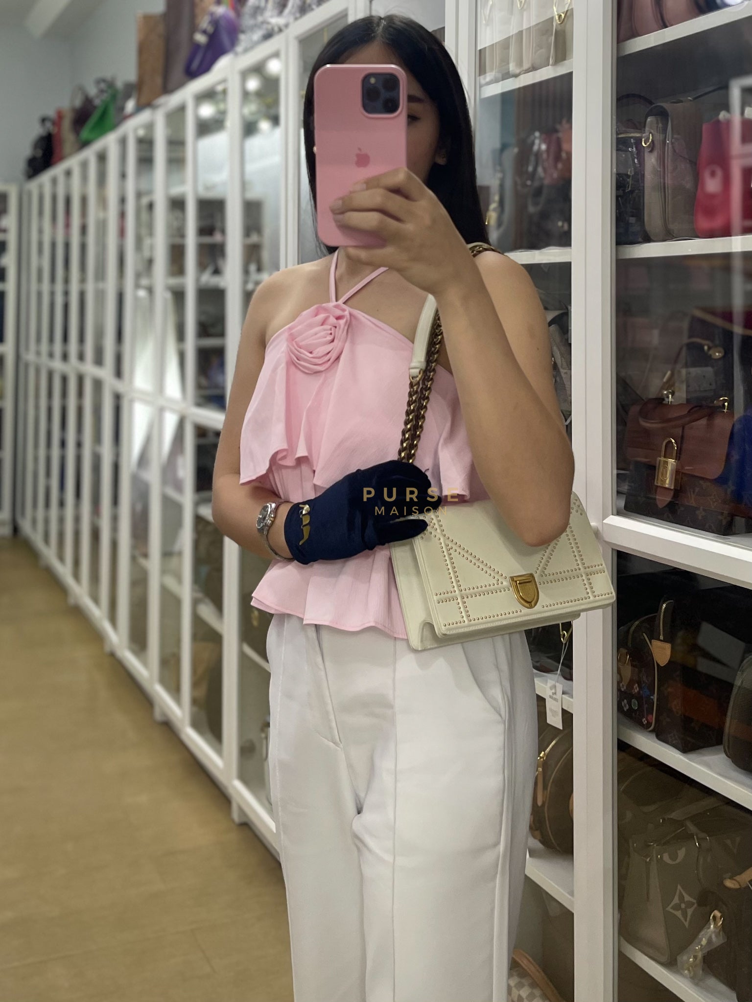 Diorama Small Studded Ivory Calfskin Leather Crossbody Bag | Purse Maison Luxury Bags Shop