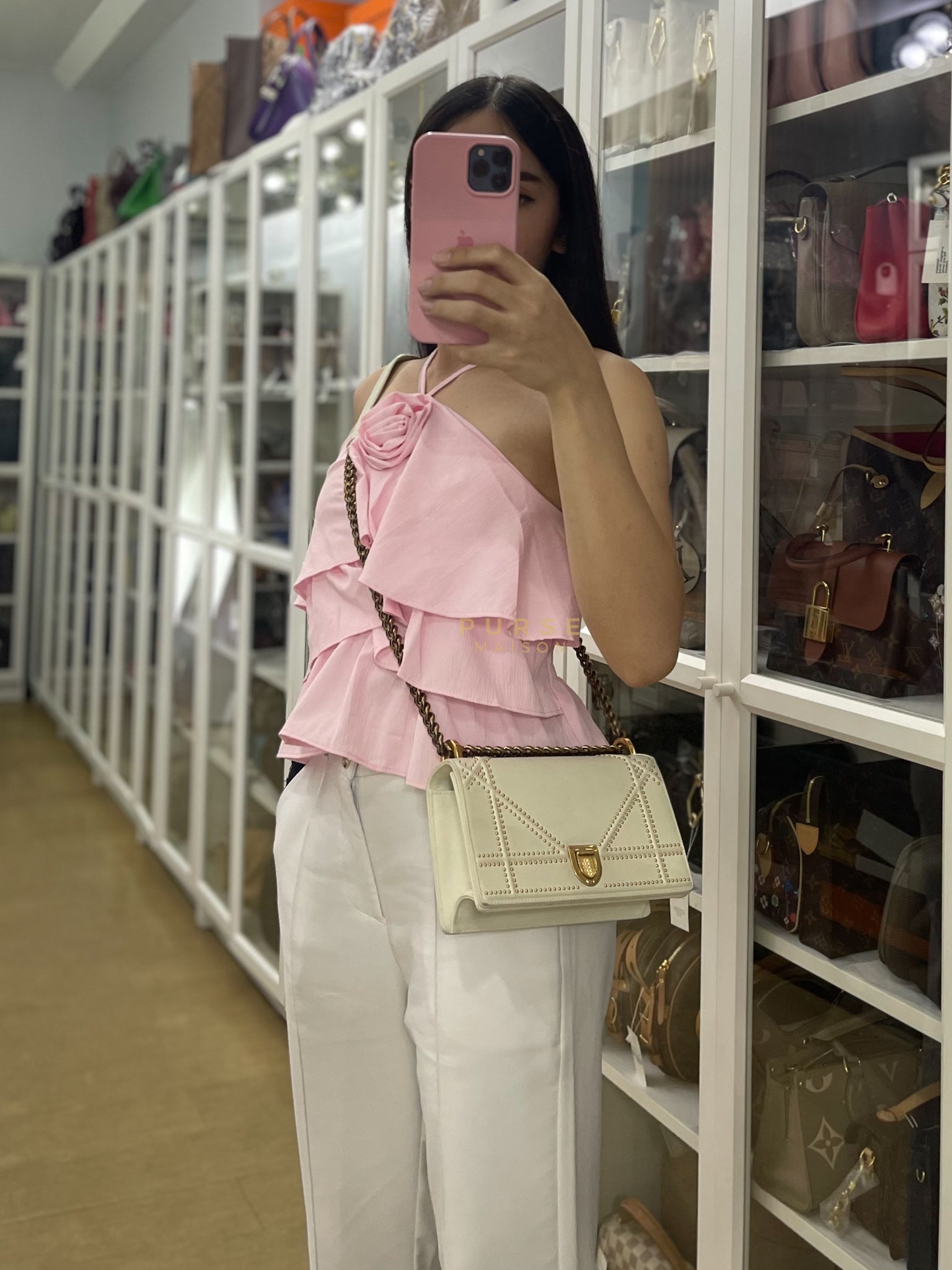 Diorama Small Studded Ivory Calfskin Leather Crossbody Bag | Purse Maison Luxury Bags Shop