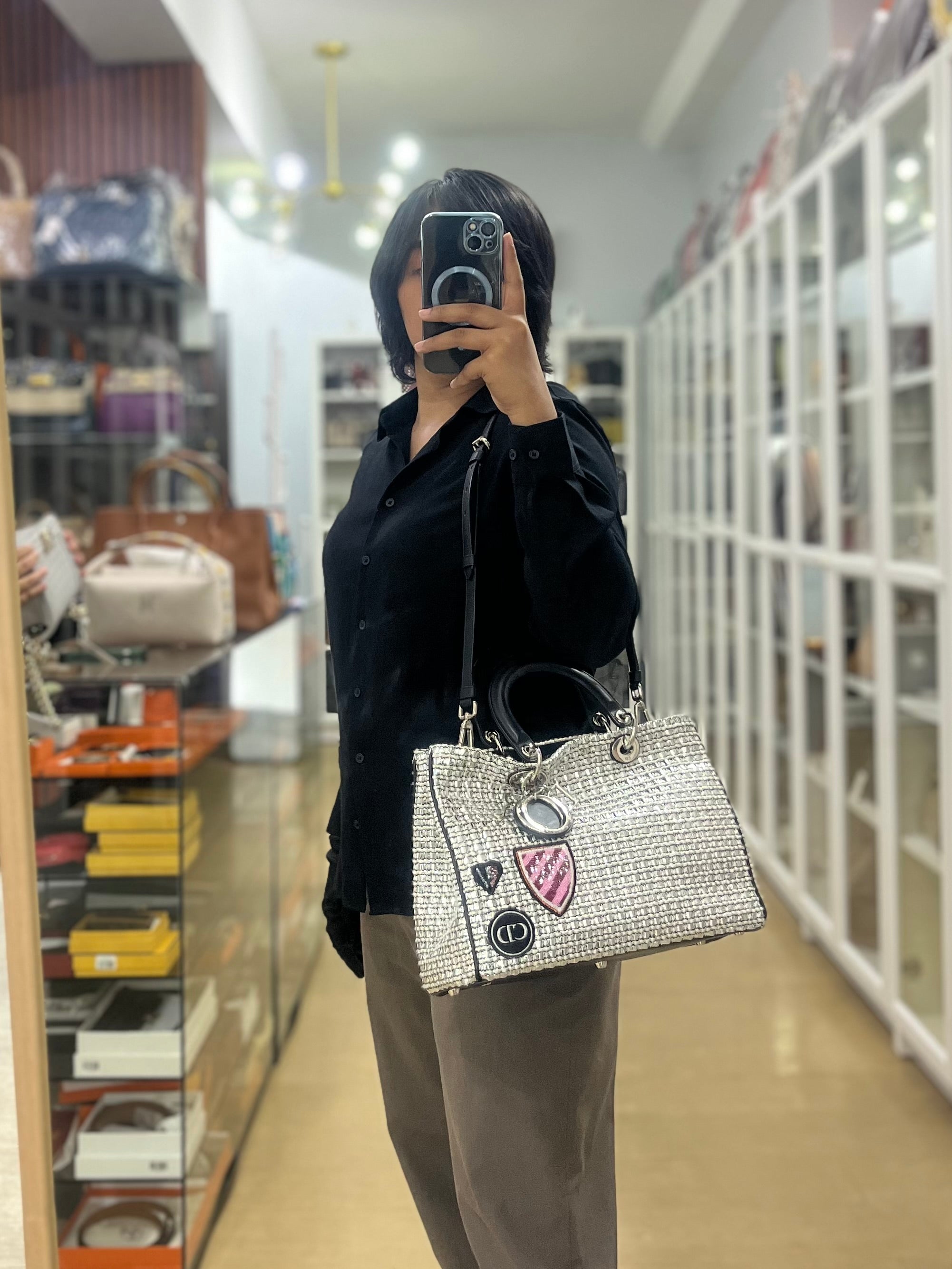 Diorissimo Tote Bag in Silver/Black Metallic Tweed Silver Hardware | Purse Maison Luxury Bags Shop