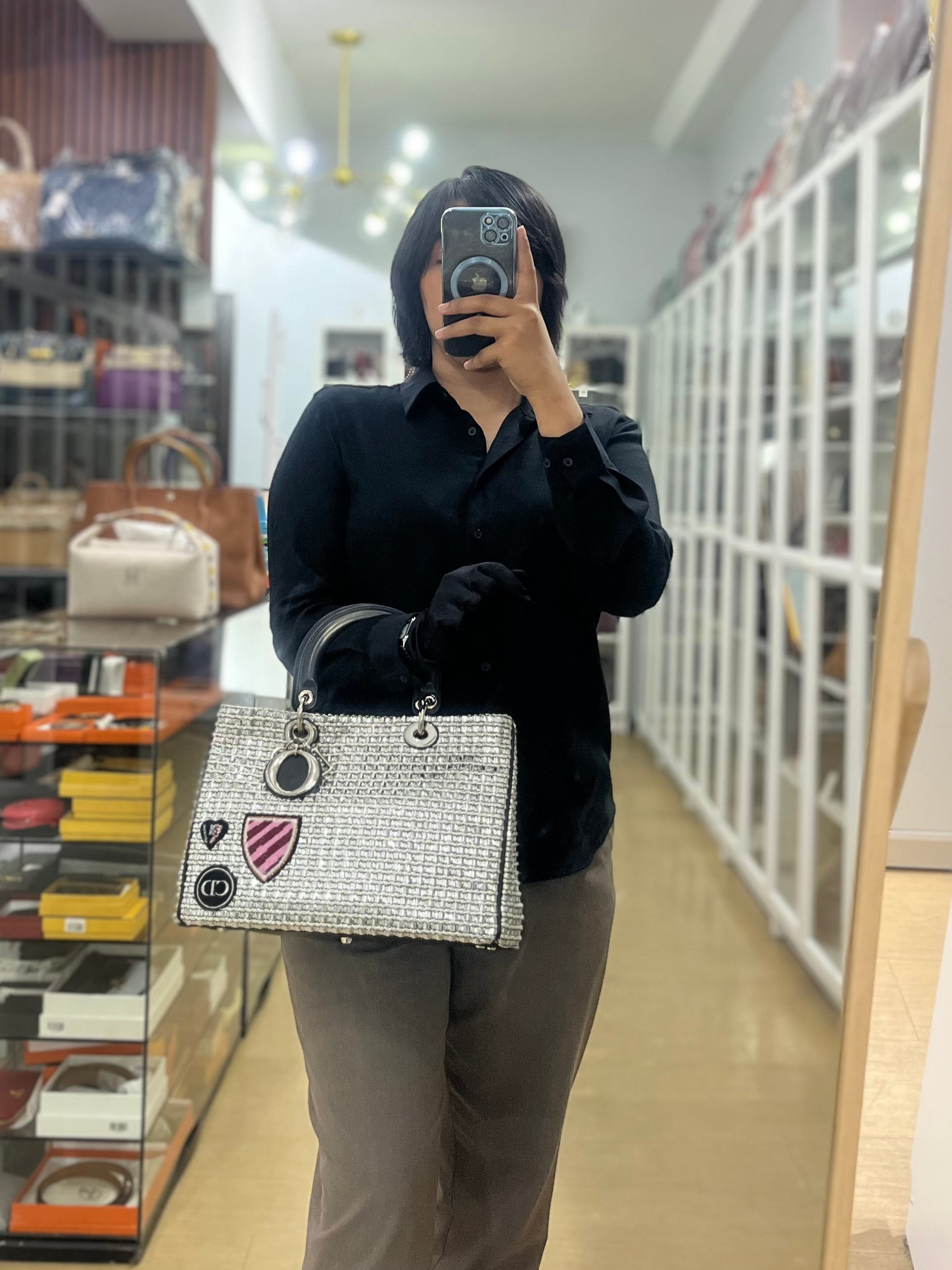 Diorissimo Tote Bag in Silver/Black Metallic Tweed Silver Hardware | Purse Maison Luxury Bags Shop