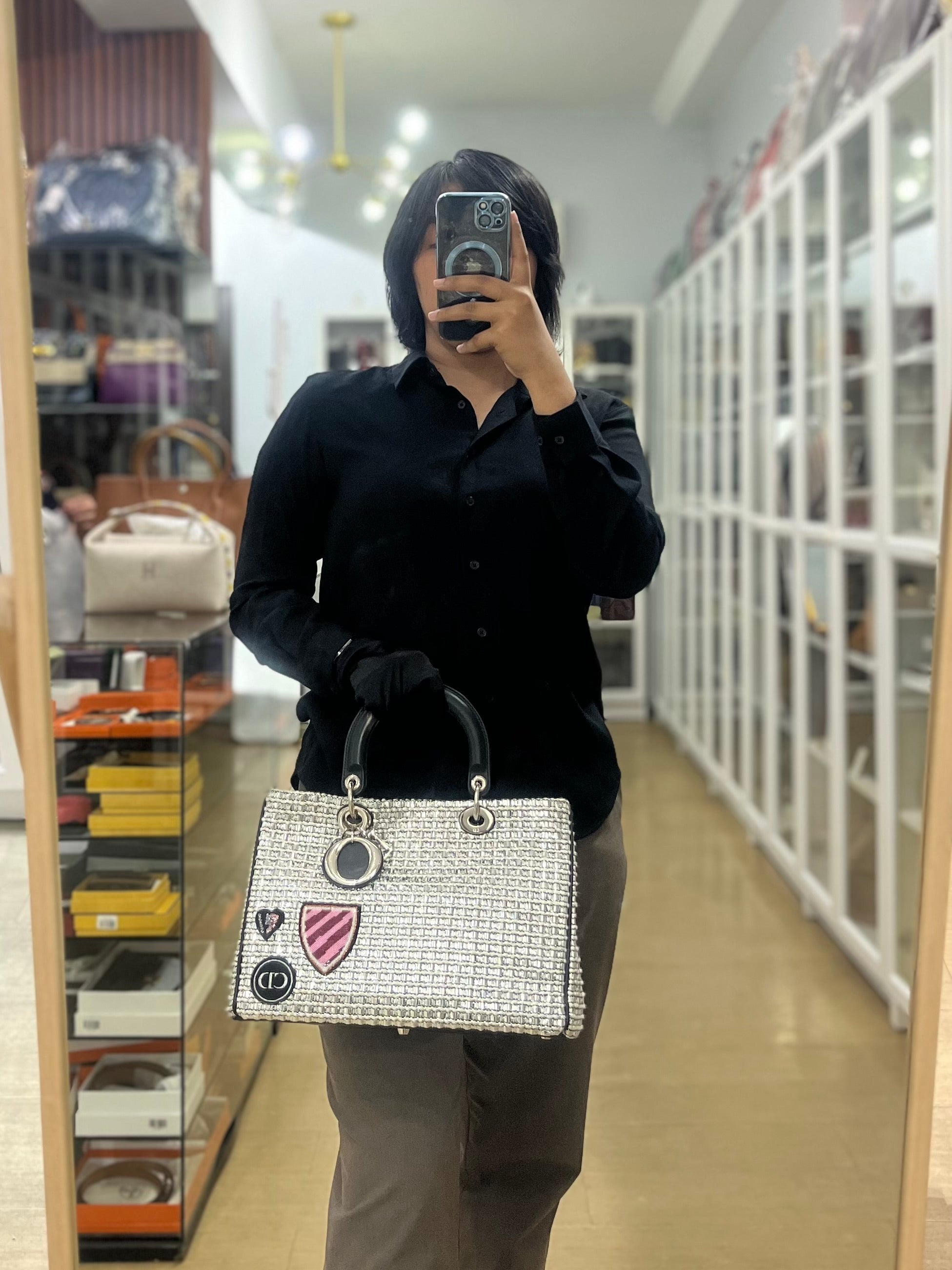 Diorissimo Tote Bag in Silver/Black Metallic Tweed Silver Hardware | Purse Maison Luxury Bags Shop
