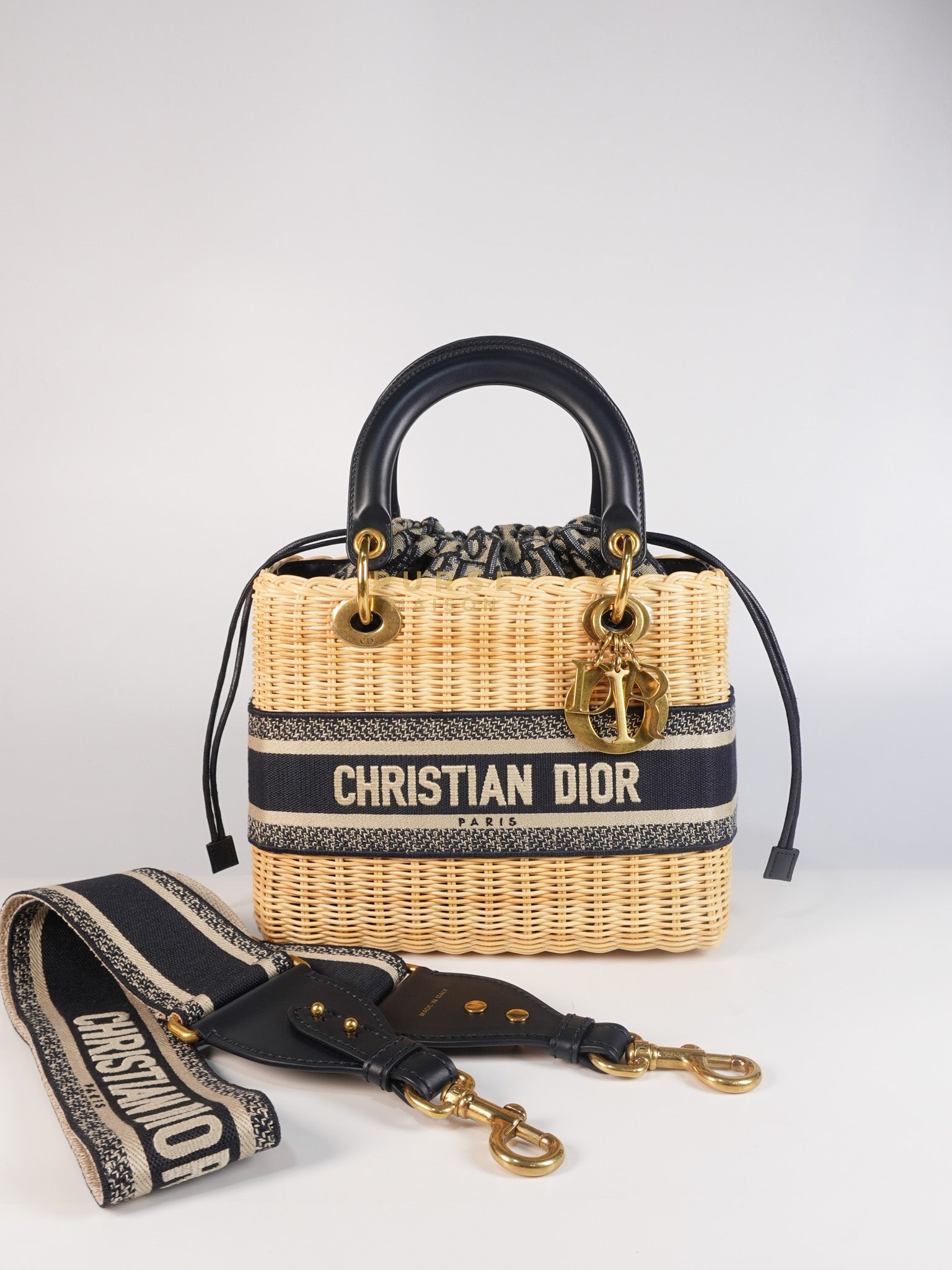 Lady Dior Wicker Medium in Blue Natural Rattan & Oblique Jacquard