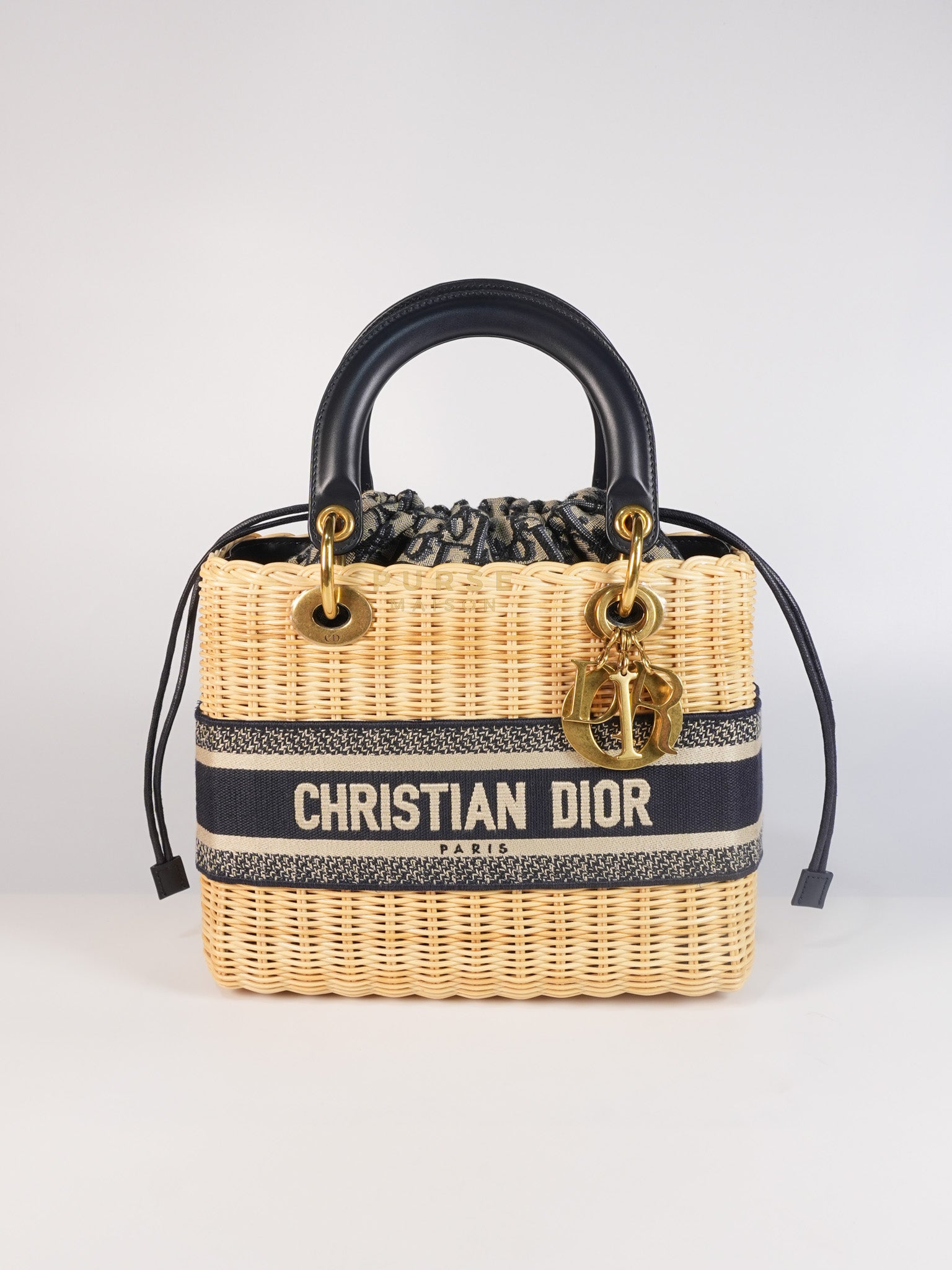 Lady Dior Wicker Medium in Blue Natural Rattan & Oblique Jacquard