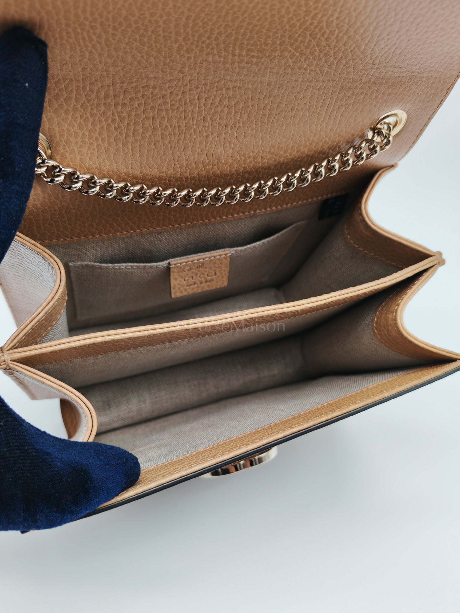 Dollar Calfskin Small Interlocking GG Shoulder Bag Gold Hardware Beige | Purse Maison Luxury Bags Shop