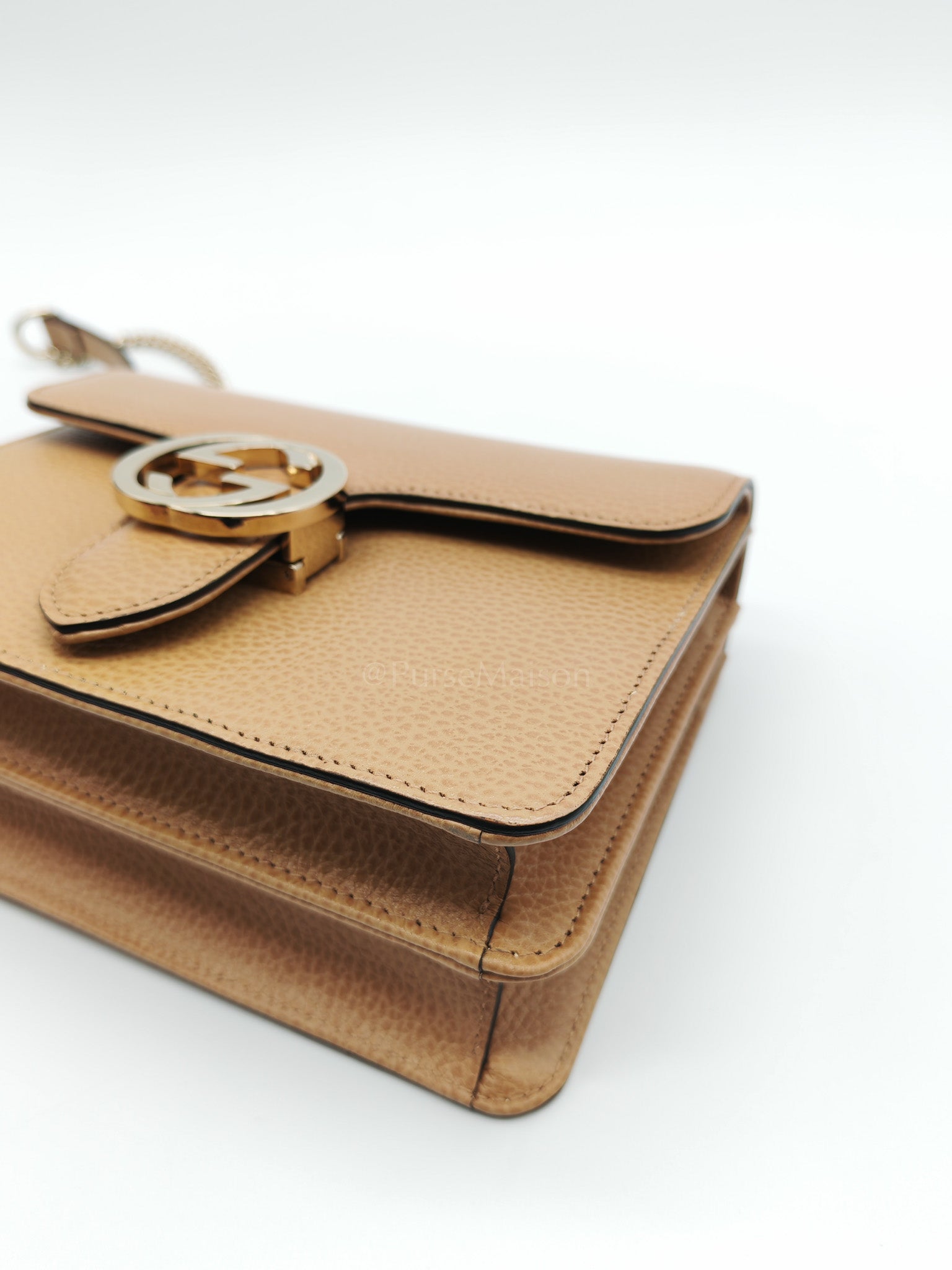 Dollar Calfskin Small Interlocking GG Shoulder Bag Gold Hardware Beige | Purse Maison Luxury Bags Shop