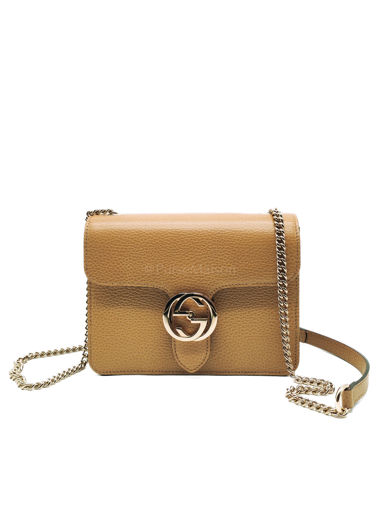 Dollar Calfskin Small Interlocking GG Shoulder Bag Gold Hardware Beige | Purse Maison Luxury Bags Shop