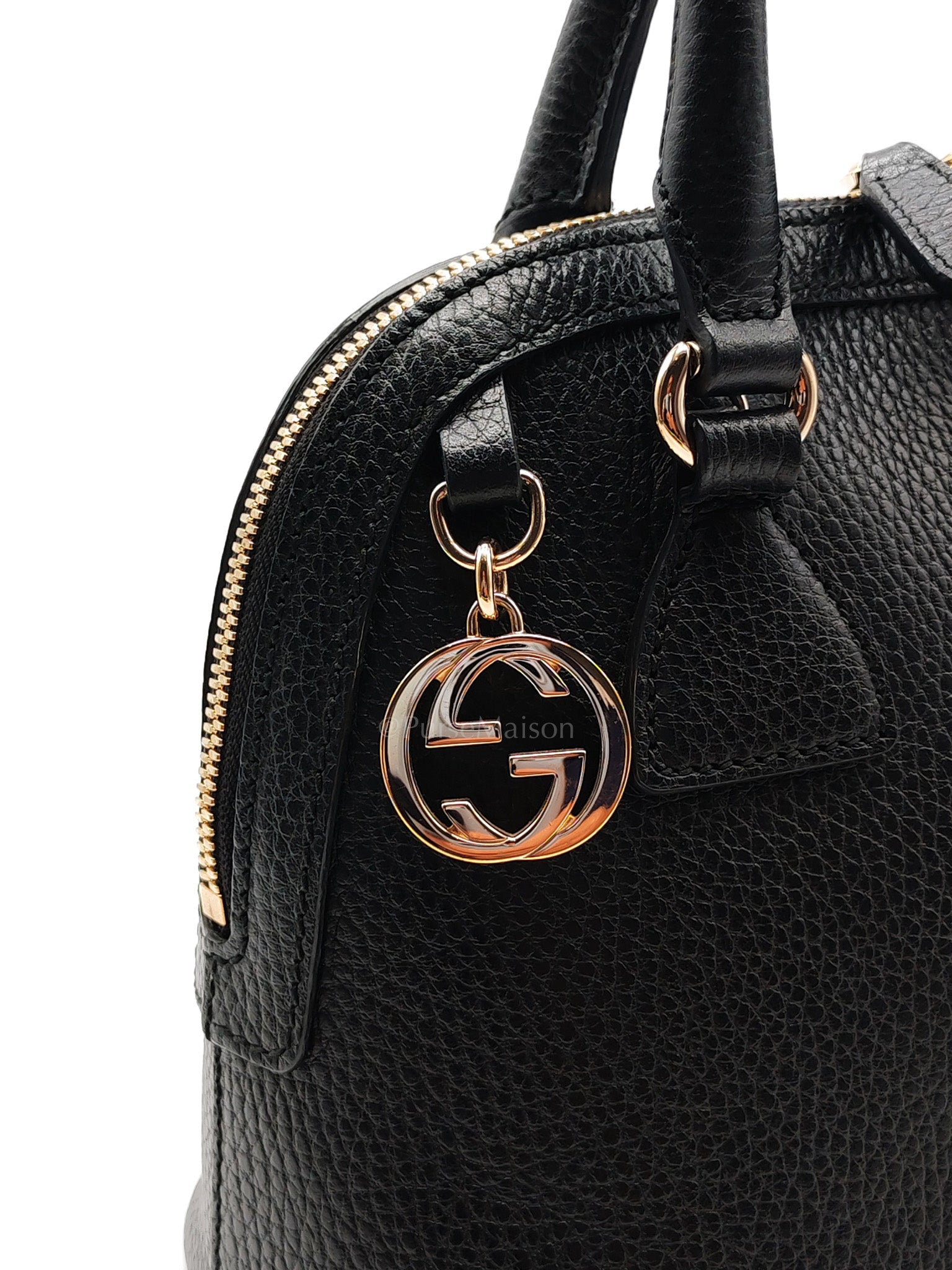 Dome Bag Small in Black GG Charm Satchel Pebbled Leather & Light Gold Hardware | Purse Maison Luxury Bags Shop