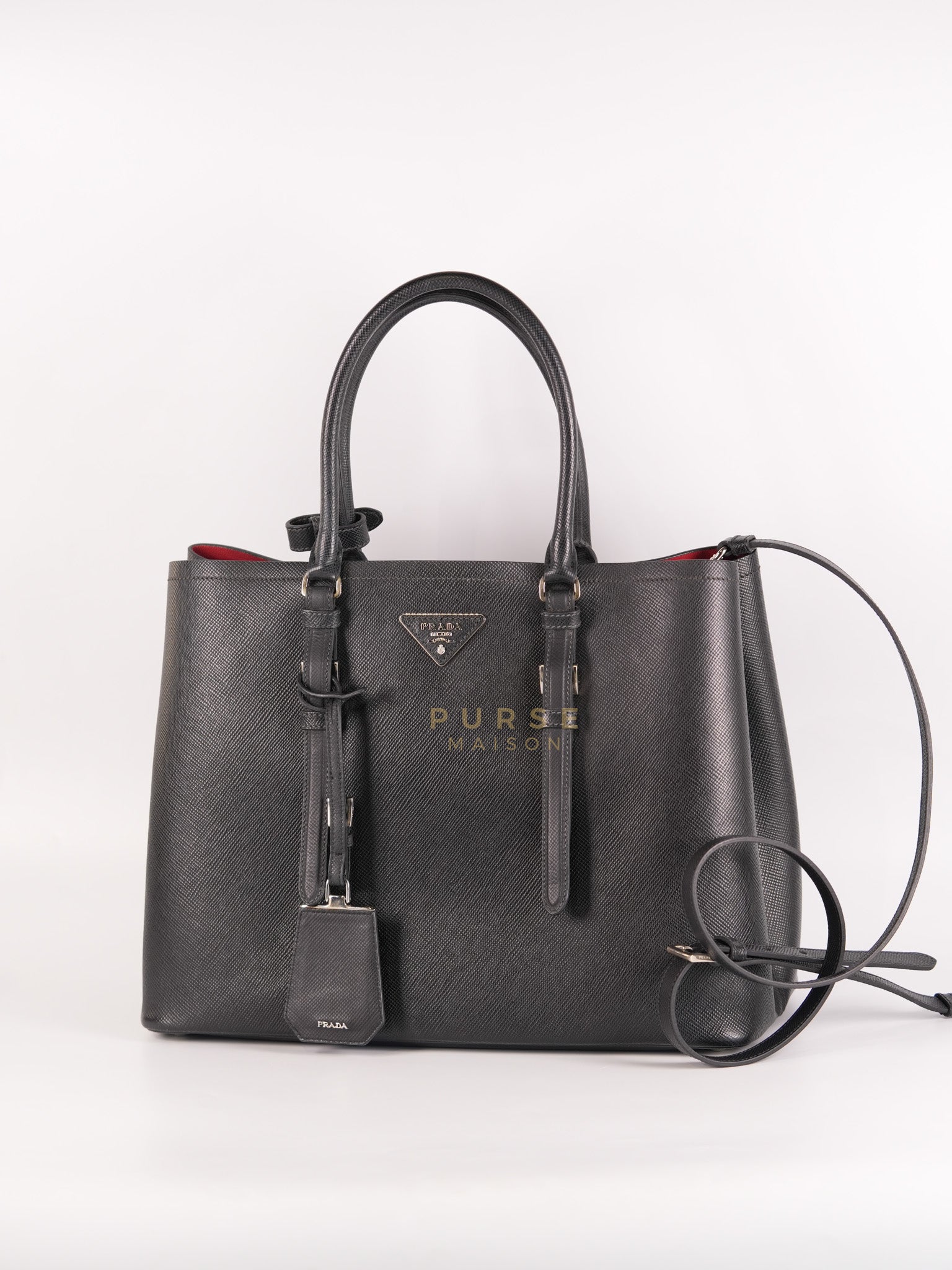 Double Bag Large in Black/Nero Saffiano Cuir Leather Silver Hardware | Purse Maison Luxury Bags Shop