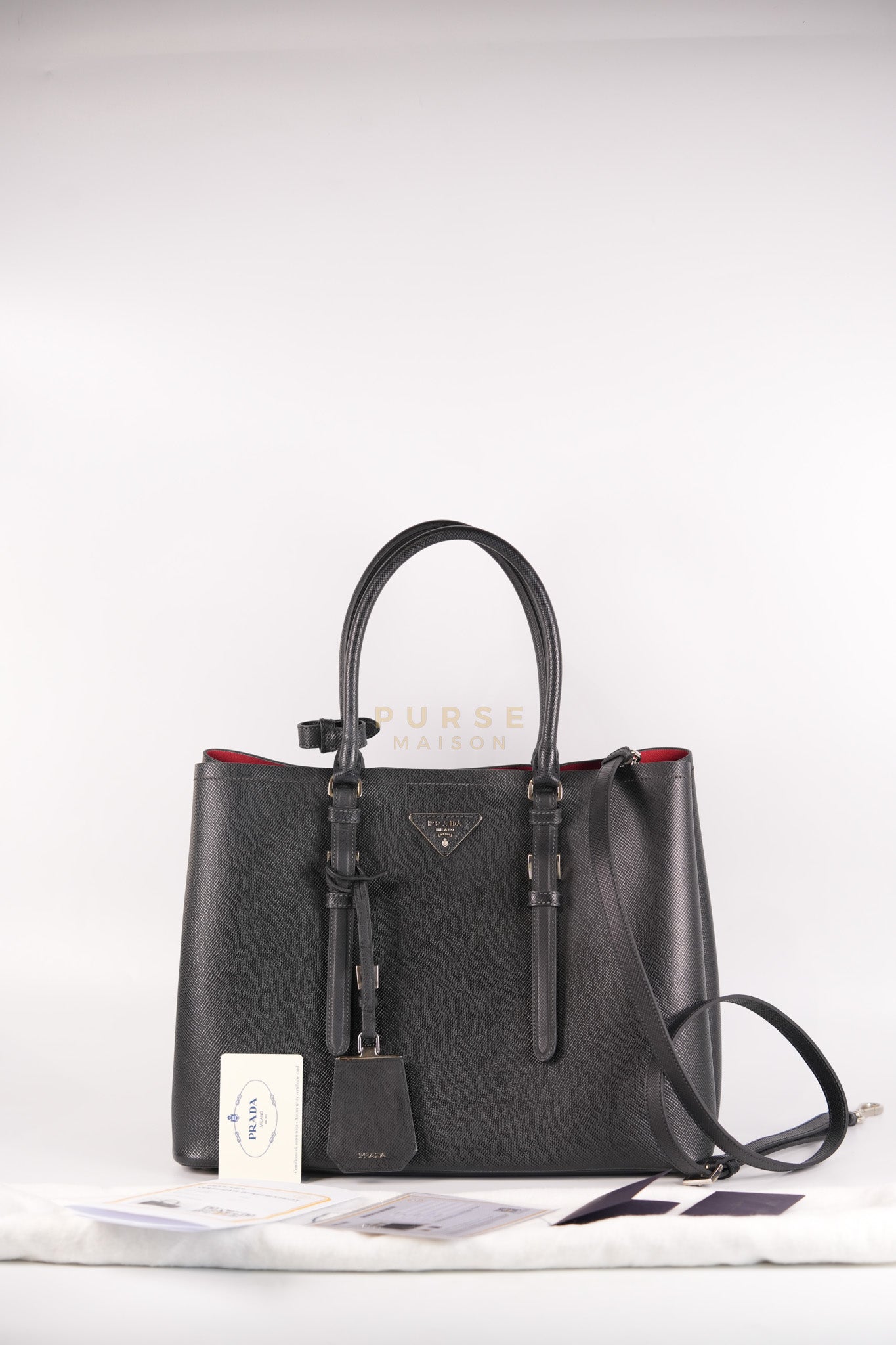 Double Bag Large in Black/Nero Saffiano Cuir Leather Silver Hardware | Purse Maison Luxury Bags Shop
