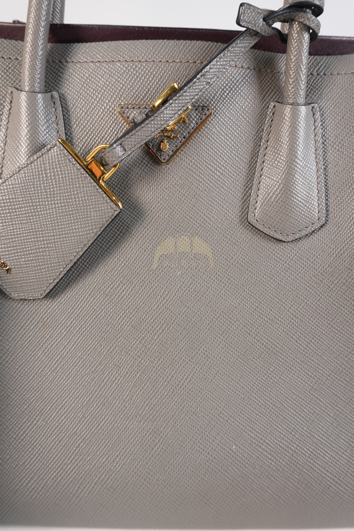 Double Bag Medium Saffiano Cuir Gray/Burgundy Leather Two-Way Bag | Purse Maison Luxury Bags Shop