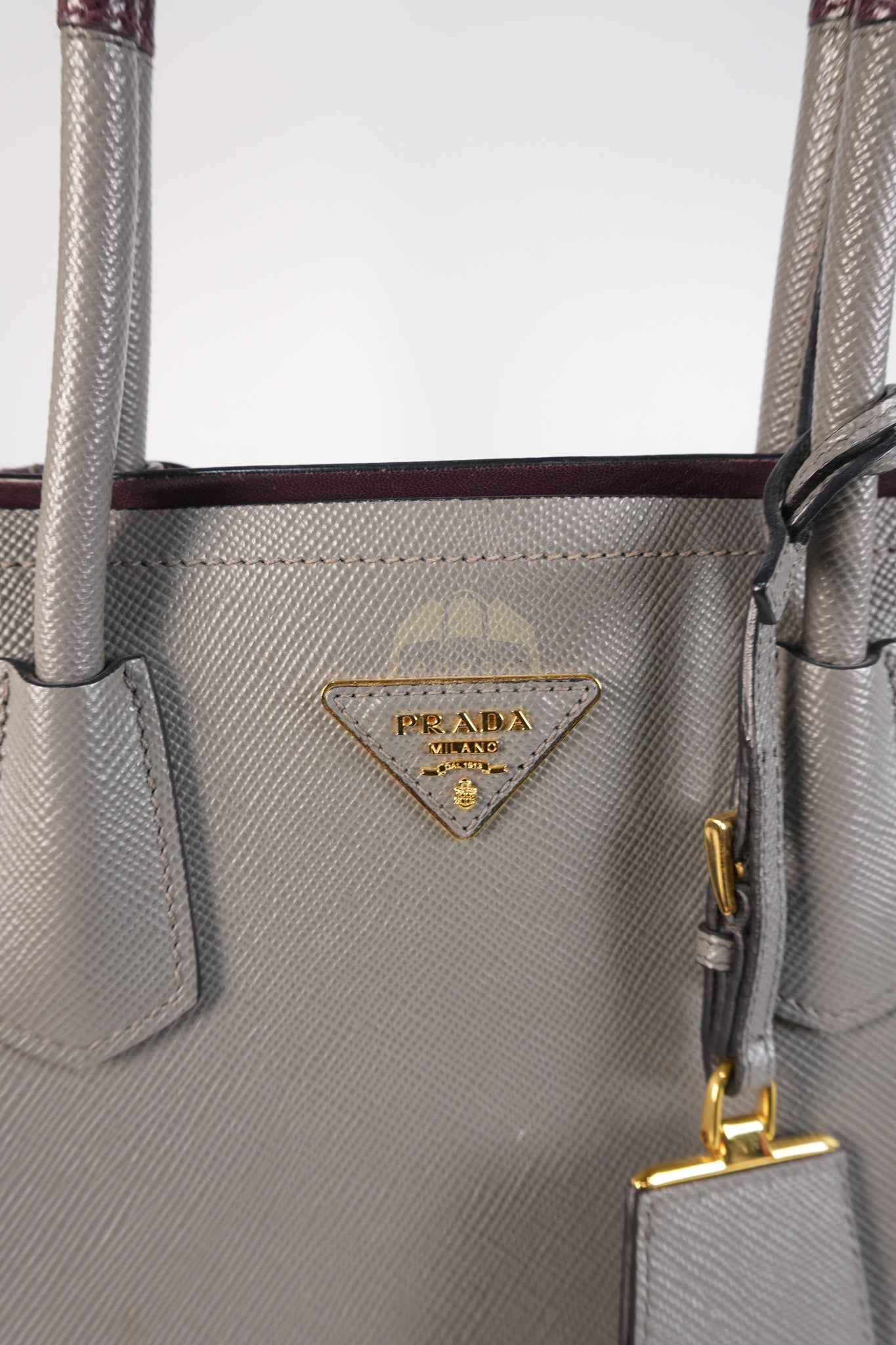 Double Bag Medium Saffiano Cuir Gray/Burgundy Leather Two-Way Bag | Purse Maison Luxury Bags Shop