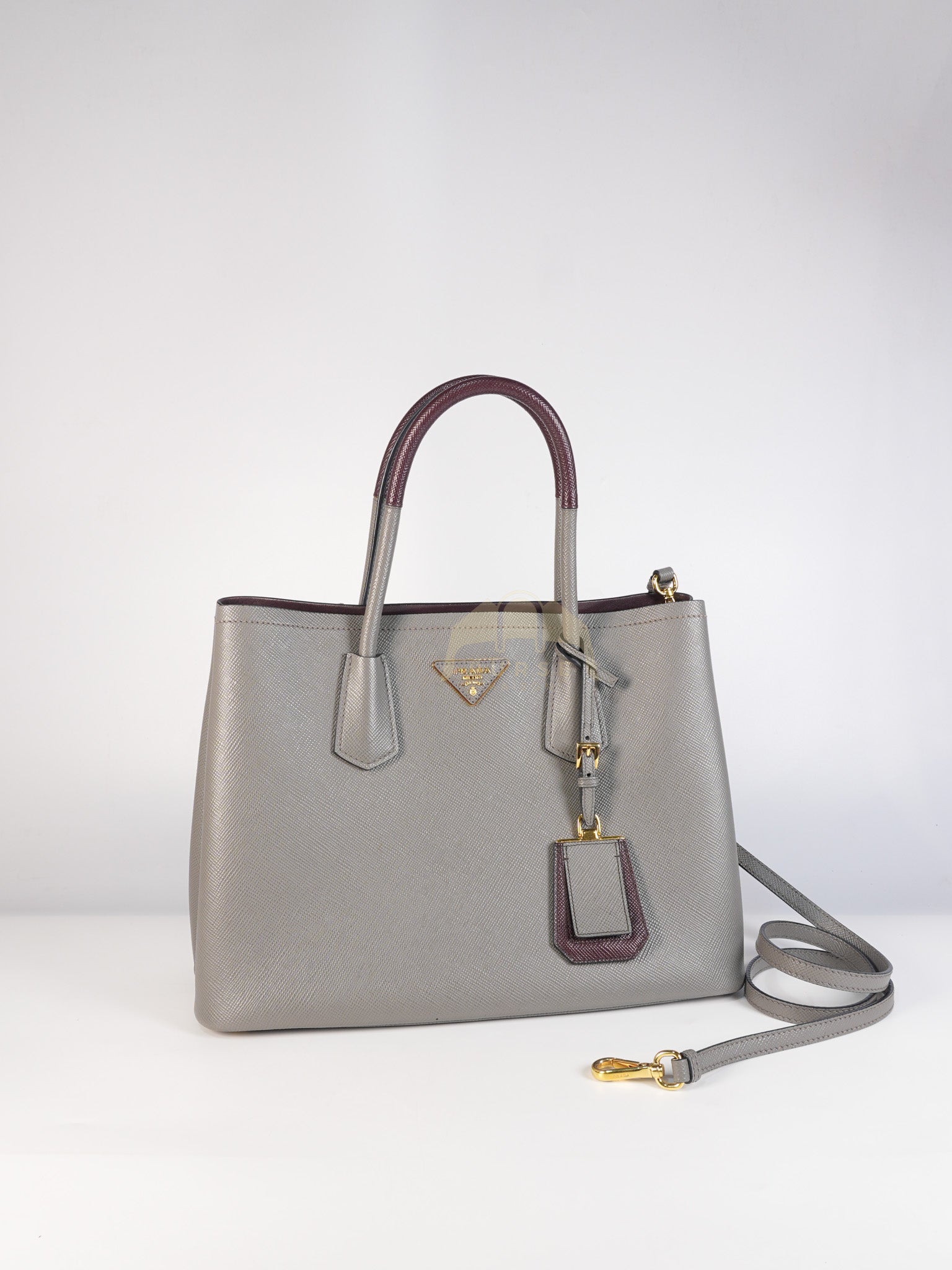 Double Bag Medium Saffiano Cuir Gray/Burgundy Leather Two-Way Bag | Purse Maison Luxury Bags Shop