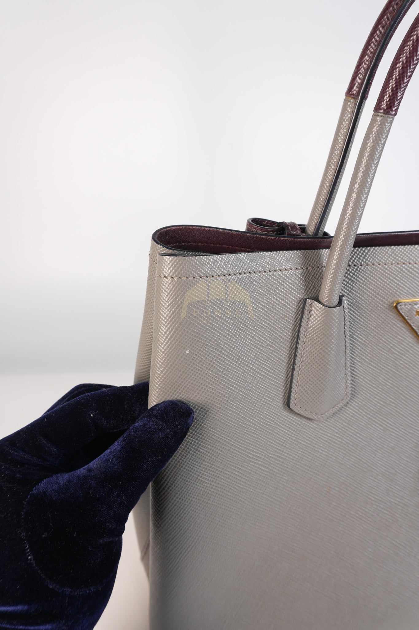 Double Bag Medium Saffiano Cuir Gray/Burgundy Leather Two-Way Bag | Purse Maison Luxury Bags Shop