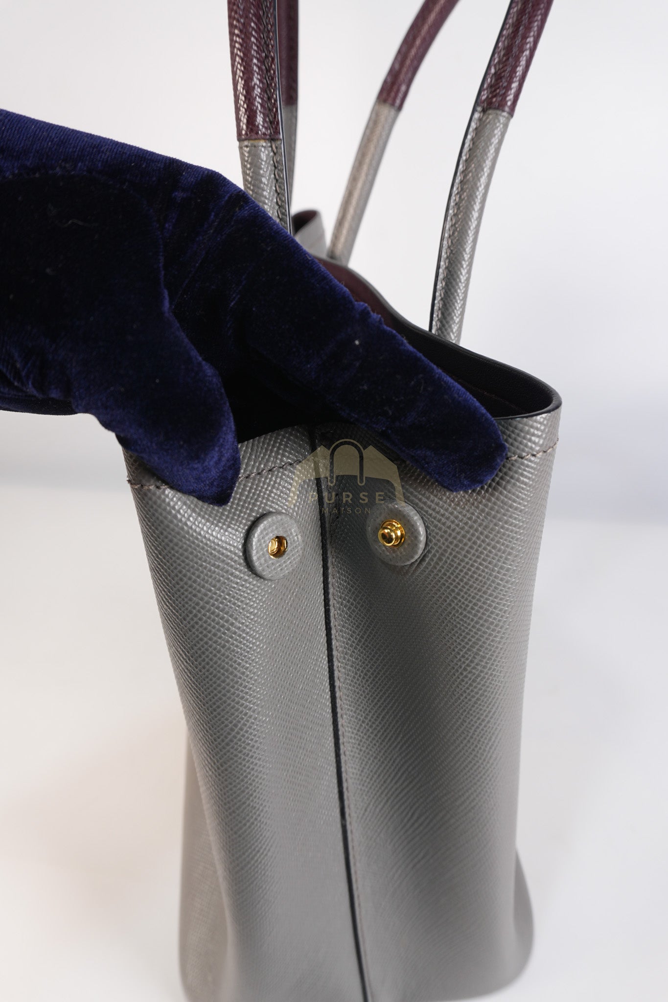 Double Bag Medium Saffiano Cuir Gray/Burgundy Leather Two-Way Bag | Purse Maison Luxury Bags Shop