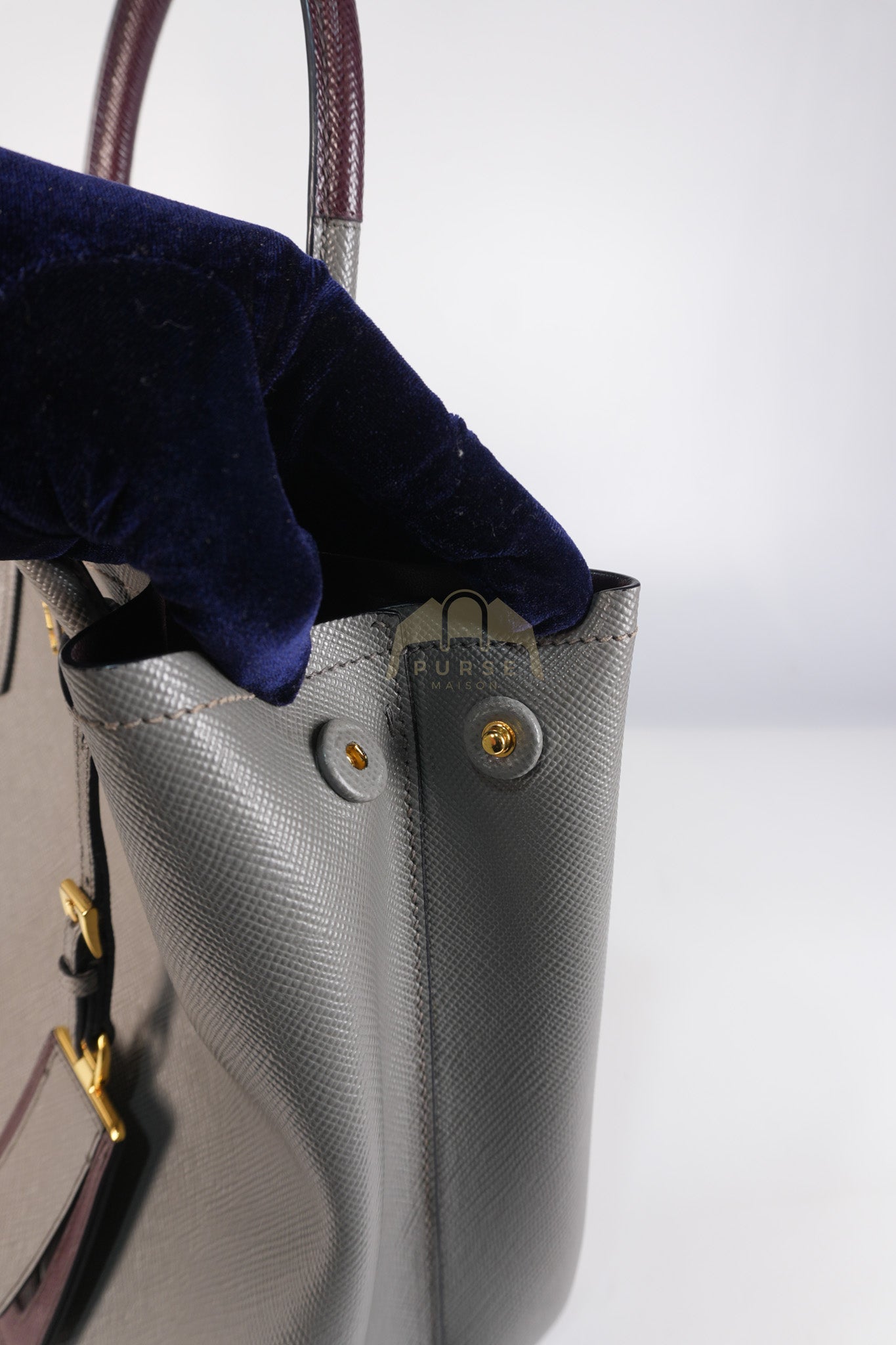 Double Bag Medium Saffiano Cuir Gray/Burgundy Leather Two-Way Bag | Purse Maison Luxury Bags Shop