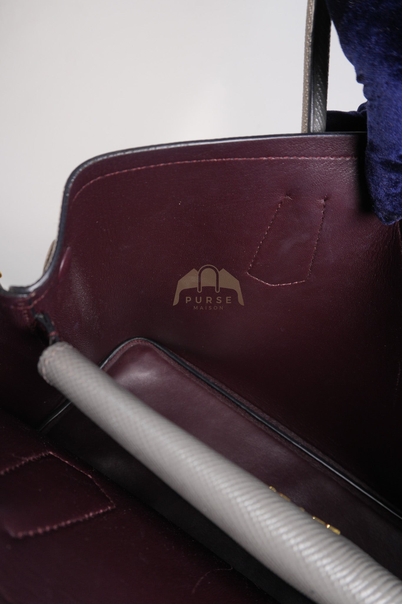 Double Bag Medium Saffiano Cuir Gray/Burgundy Leather Two-Way Bag | Purse Maison Luxury Bags Shop