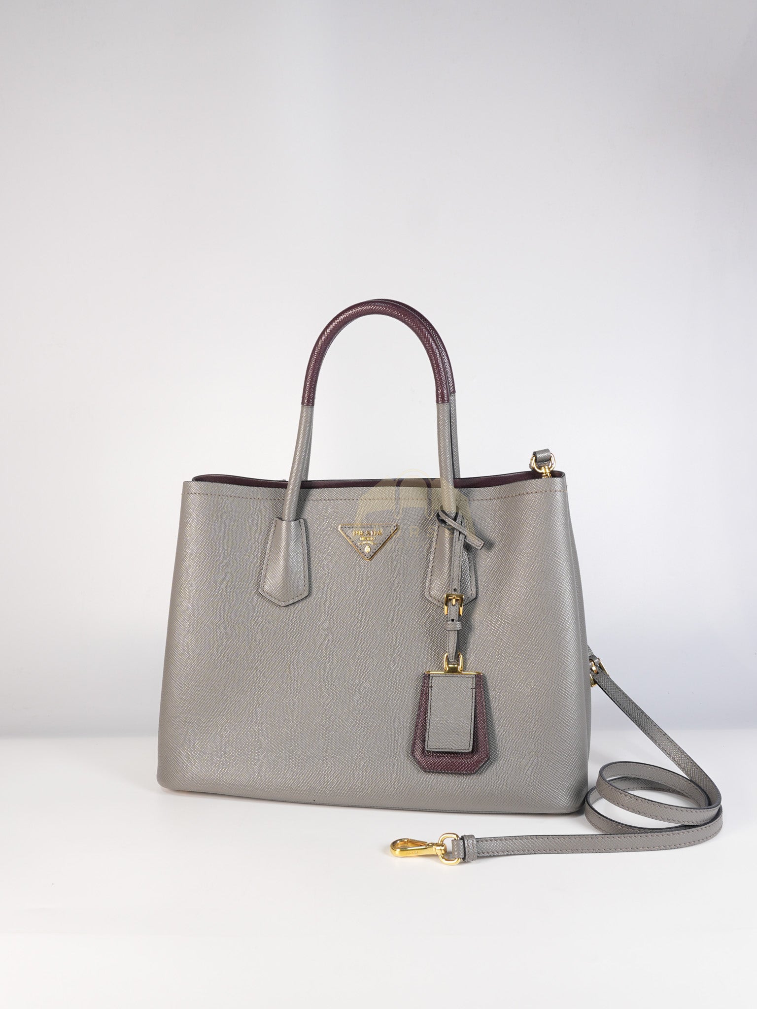 Double Bag Medium Saffiano Cuir Gray/Burgundy Leather Two-Way Bag | Purse Maison Luxury Bags Shop