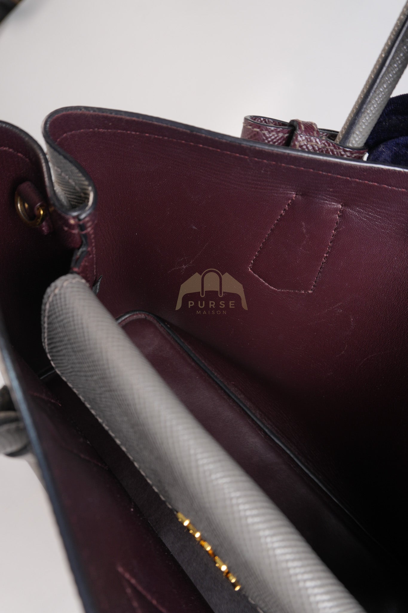 Double Bag Medium Saffiano Cuir Gray/Burgundy Leather Two-Way Bag | Purse Maison Luxury Bags Shop