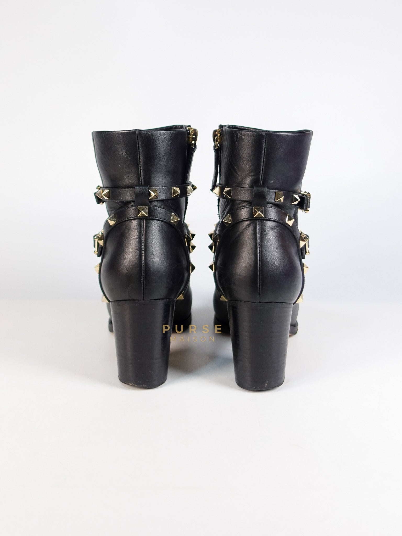 Double Buckle Rockstud Ankle Boots in Black Leather Size 38 EU(24cm) | Purse Maison Luxury Bags Shop