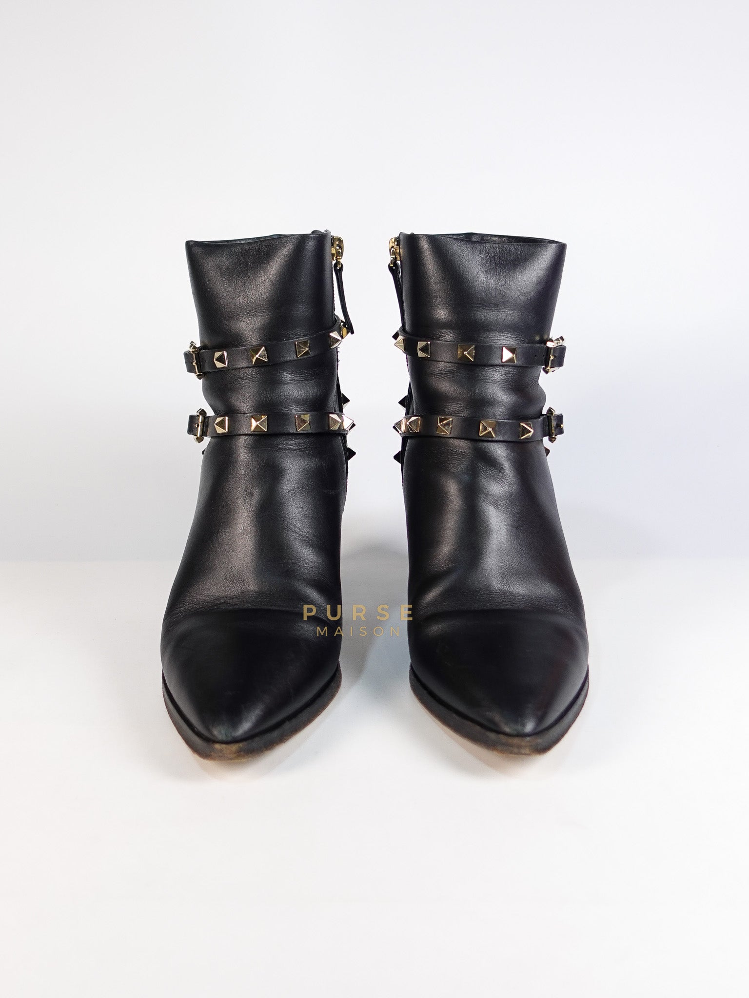 Double Buckle Rockstud Ankle Boots in Black Leather Size 38 EU(24cm) | Purse Maison Luxury Bags Shop