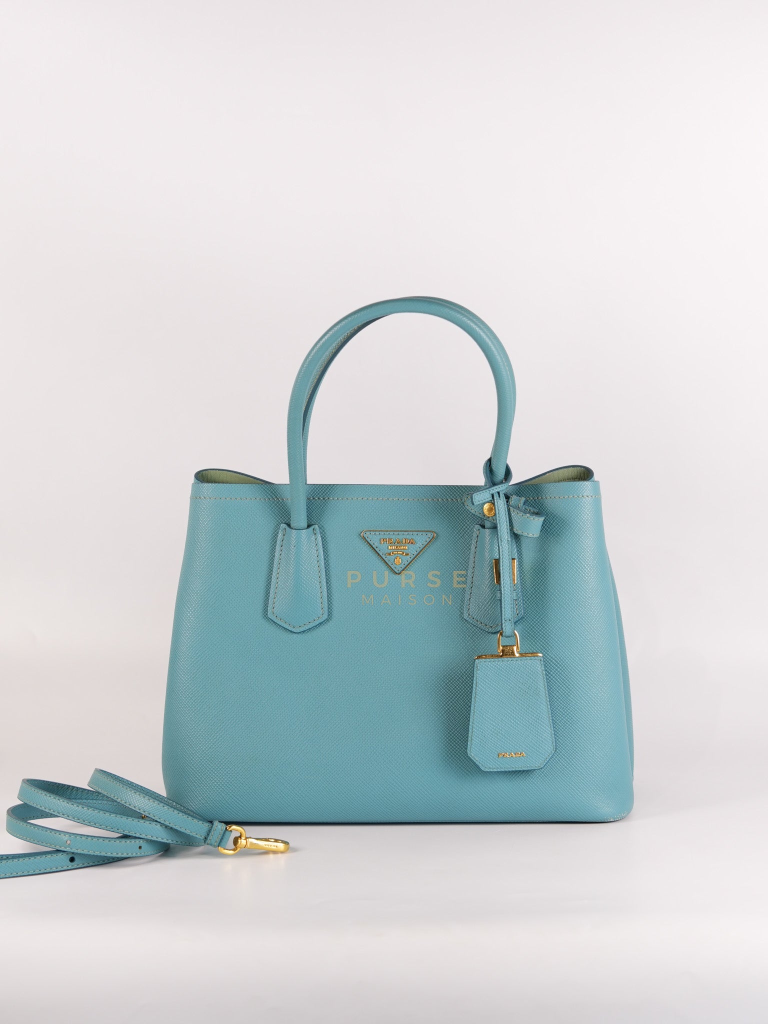 Double Handle Tote Bag Small in Teal Saffiano Cuir Leather | Purse Maison Luxury Bags Shop