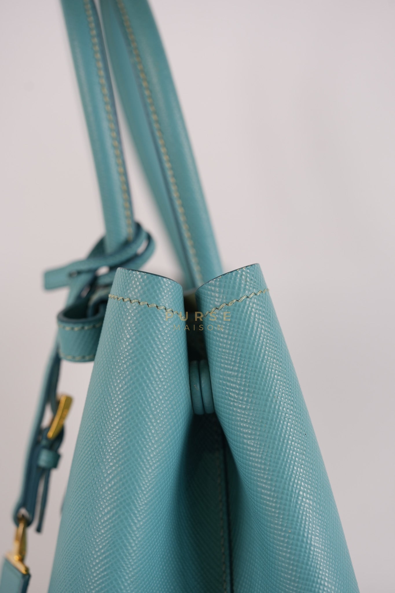Double Handle Tote Bag Small in Teal Saffiano Cuir Leather | Purse Maison Luxury Bags Shop
