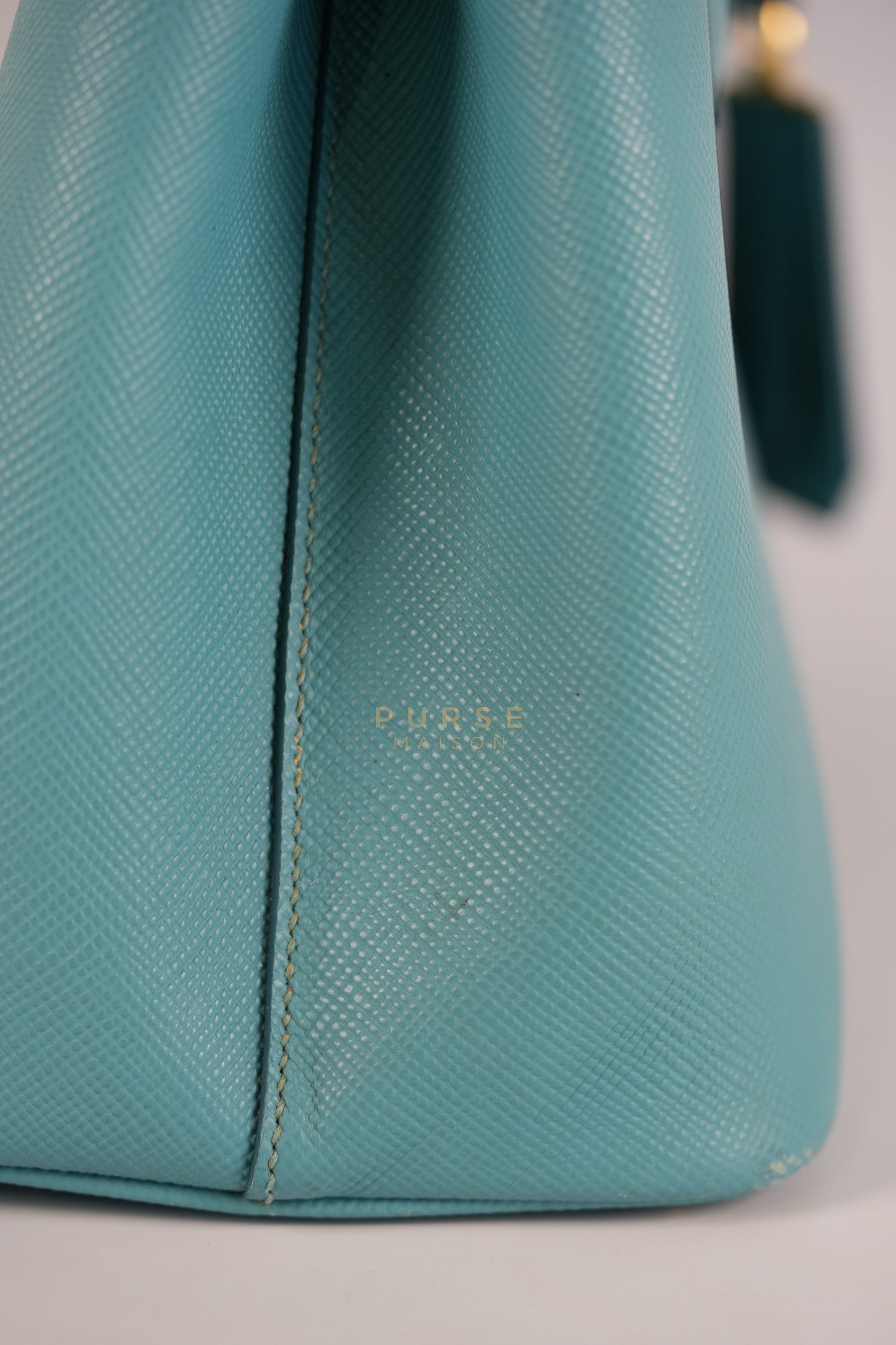 Double Handle Tote Bag Small in Teal Saffiano Cuir Leather | Purse Maison Luxury Bags Shop