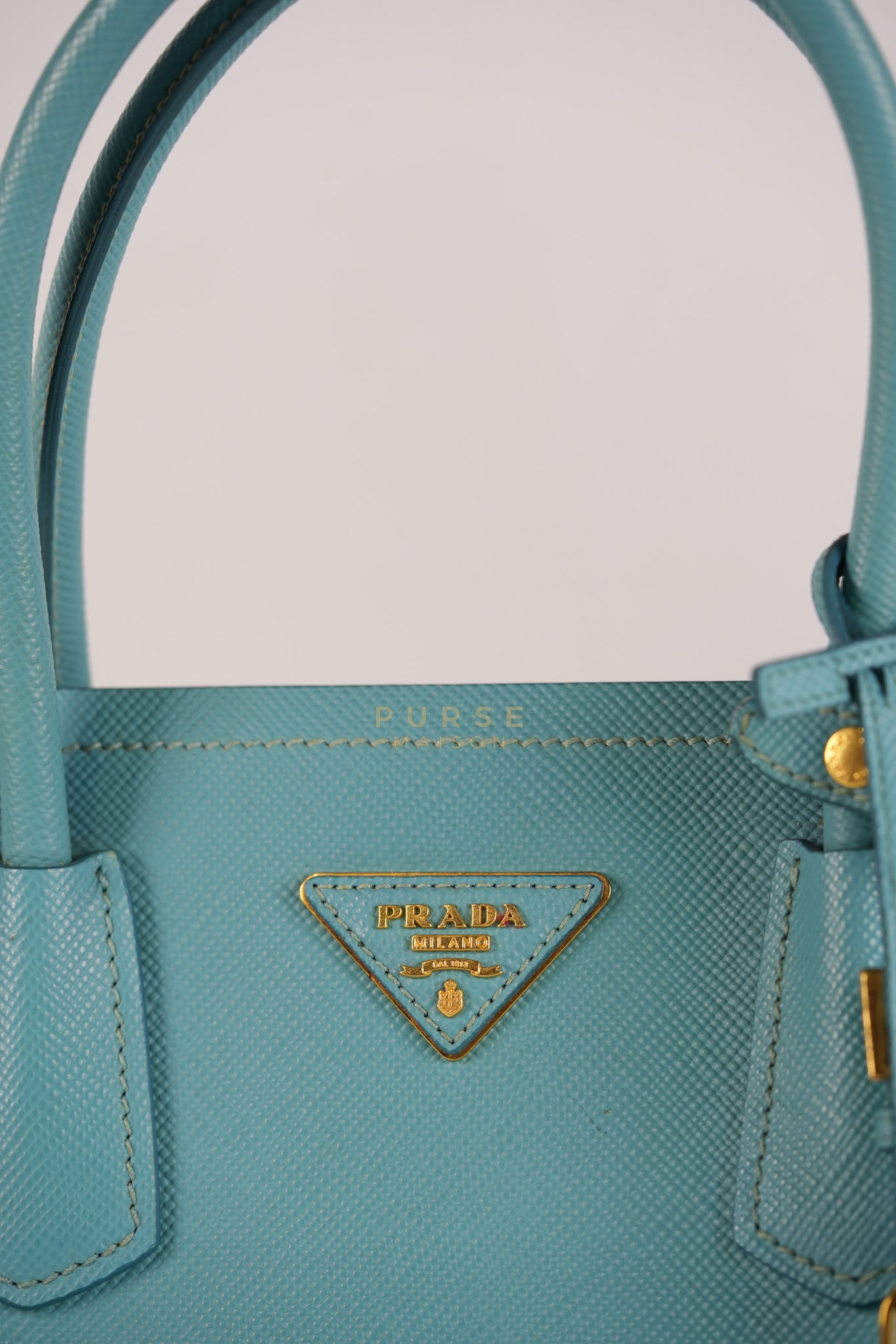 Double Handle Tote Bag Small in Teal Saffiano Cuir Leather | Purse Maison Luxury Bags Shop