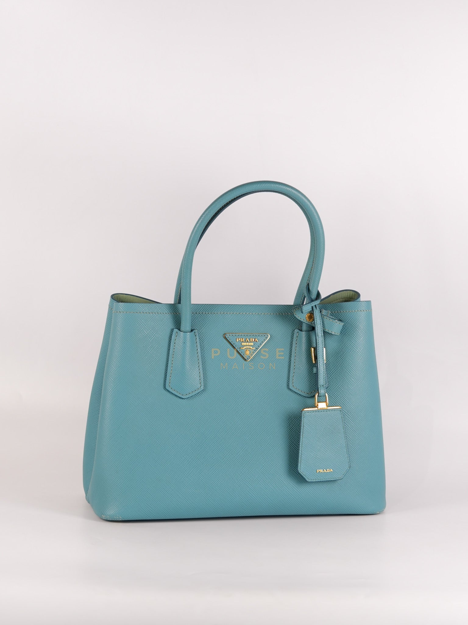 Double Handle Tote Bag Small in Teal Saffiano Cuir Leather | Purse Maison Luxury Bags Shop