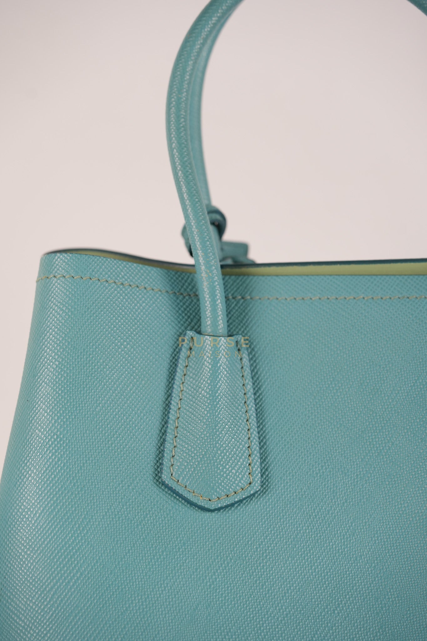 Double Handle Tote Bag Small in Teal Saffiano Cuir Leather | Purse Maison Luxury Bags Shop