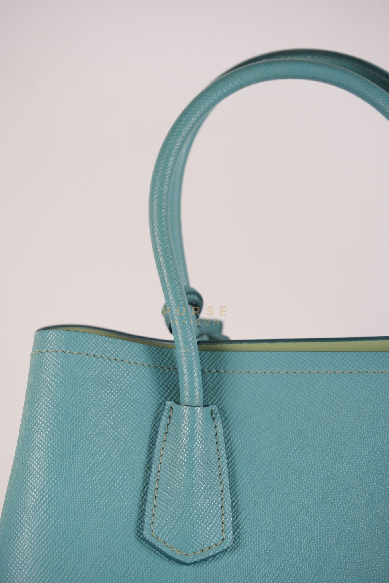 Double Handle Tote Bag Small in Teal Saffiano Cuir Leather | Purse Maison Luxury Bags Shop