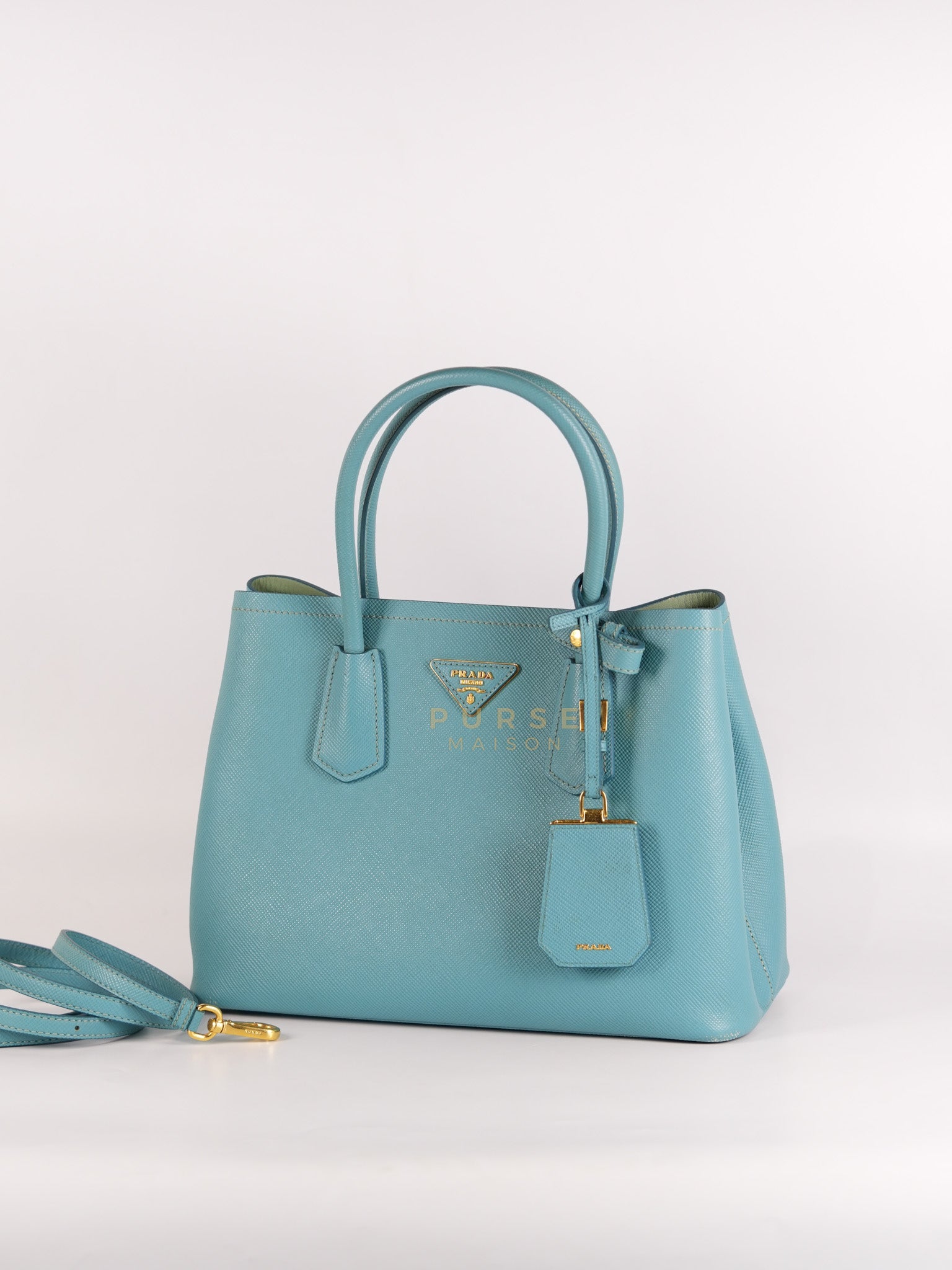 Double Handle Tote Bag Small in Teal Saffiano Cuir Leather | Purse Maison Luxury Bags Shop