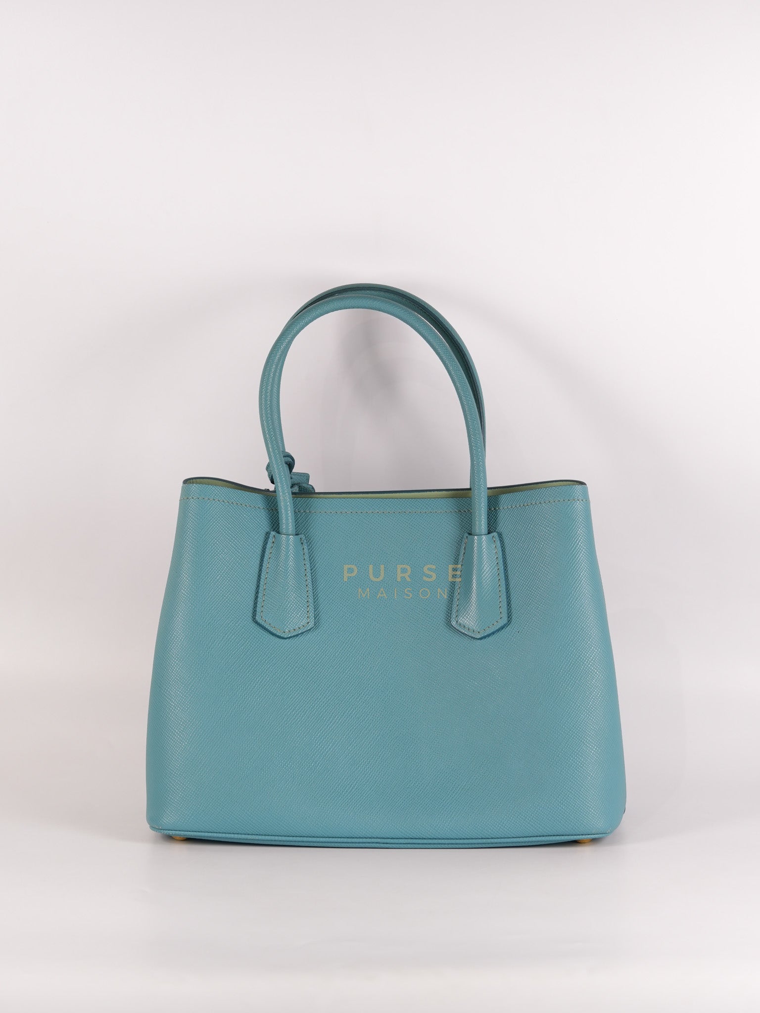 Double Handle Tote Bag Small in Teal Saffiano Cuir Leather | Purse Maison Luxury Bags Shop