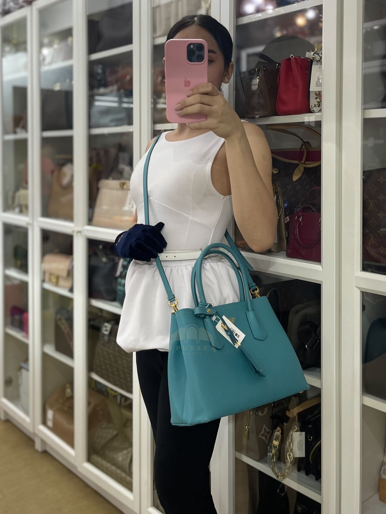 Double Handle Tote Bag Small in Teal Saffiano Cuir Leather | Purse Maison Luxury Bags Shop