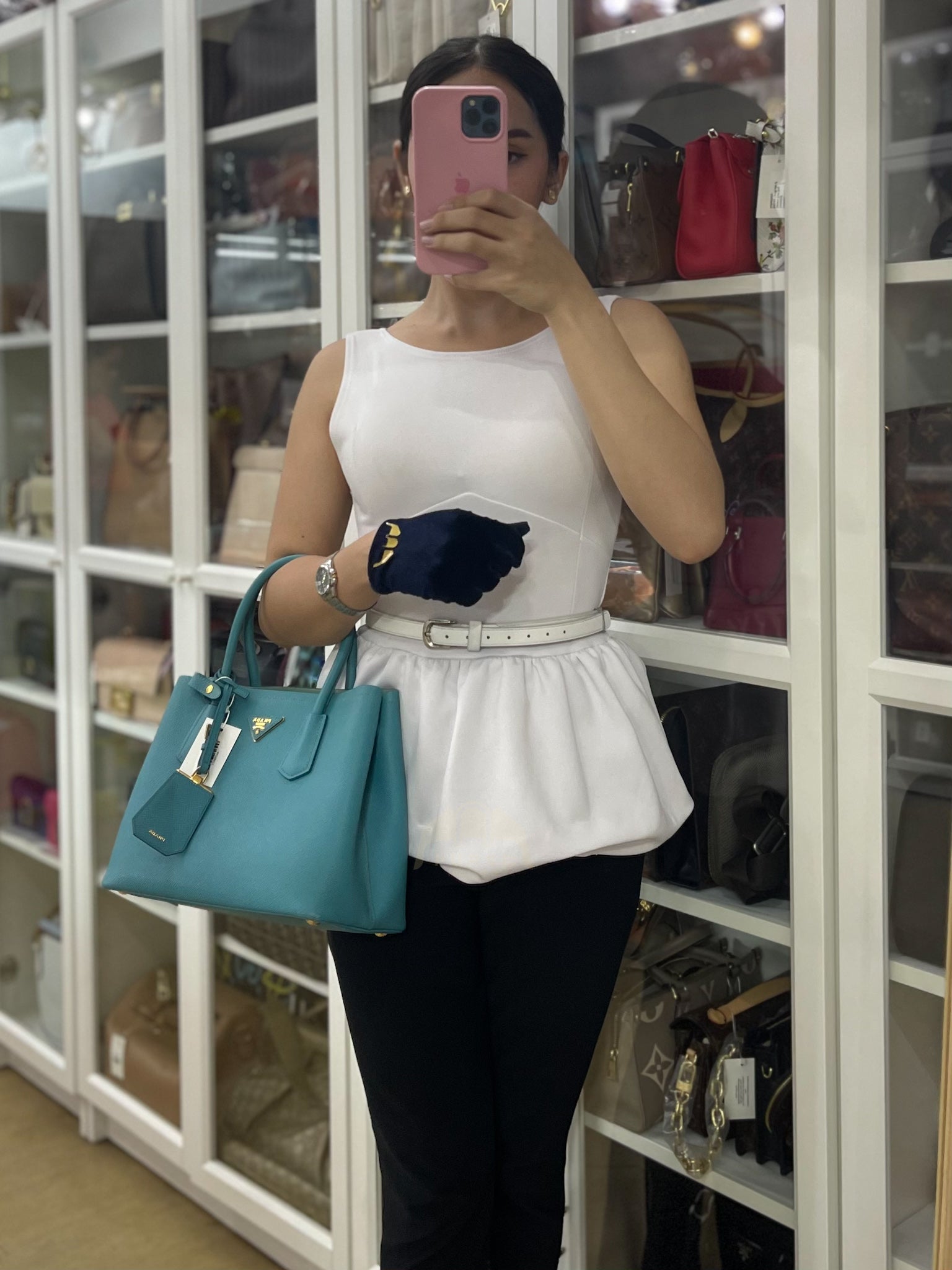 Double Handle Tote Bag Small in Teal Saffiano Cuir Leather | Purse Maison Luxury Bags Shop